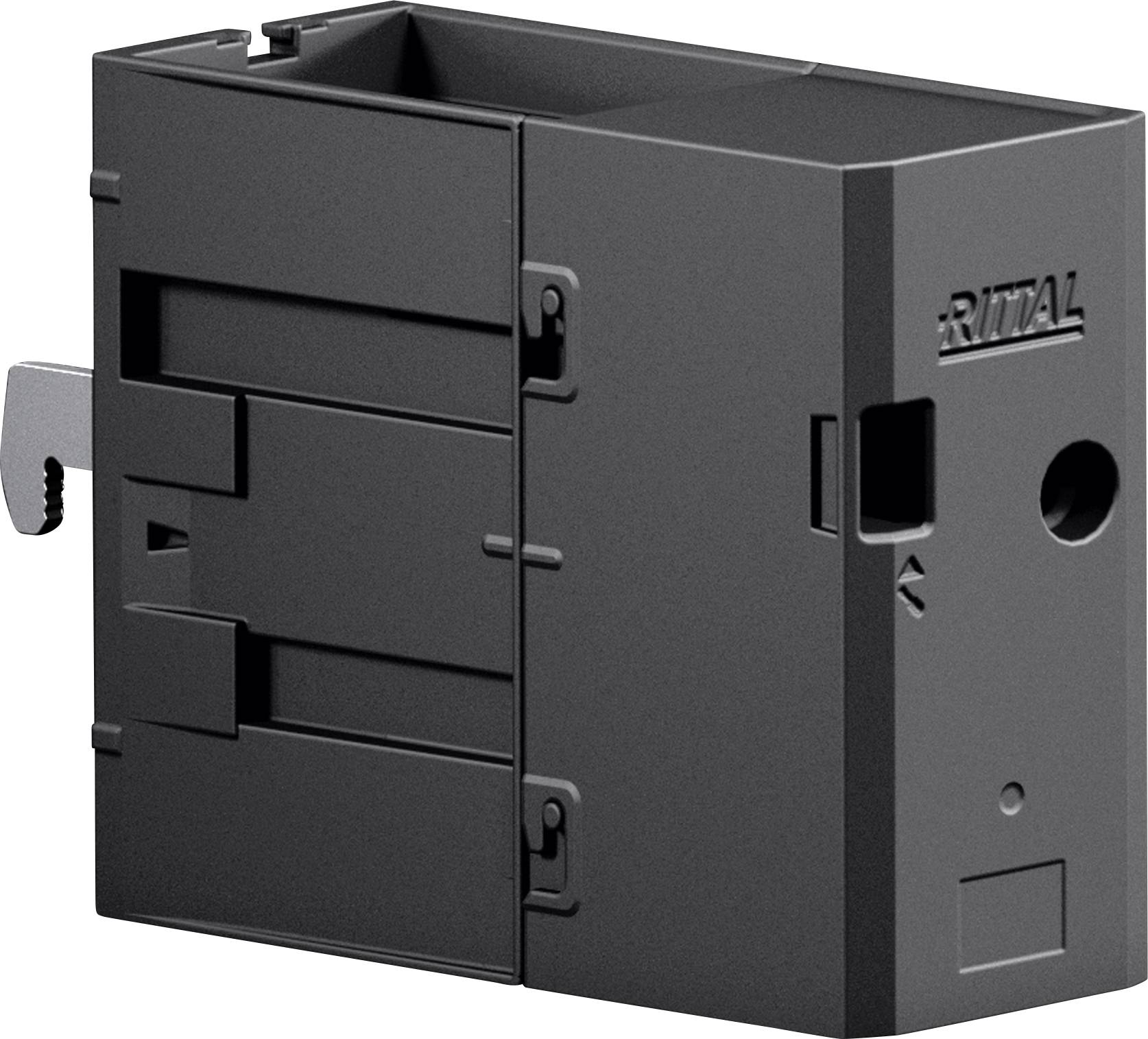 Ein schwarzes Kunststoff-Elektrogehäuse mit dem in Großbuchstaben geprägten Markennamen 'Rittal', das eine rechteckige Form und mehrere Befestigungsclips aufweist.