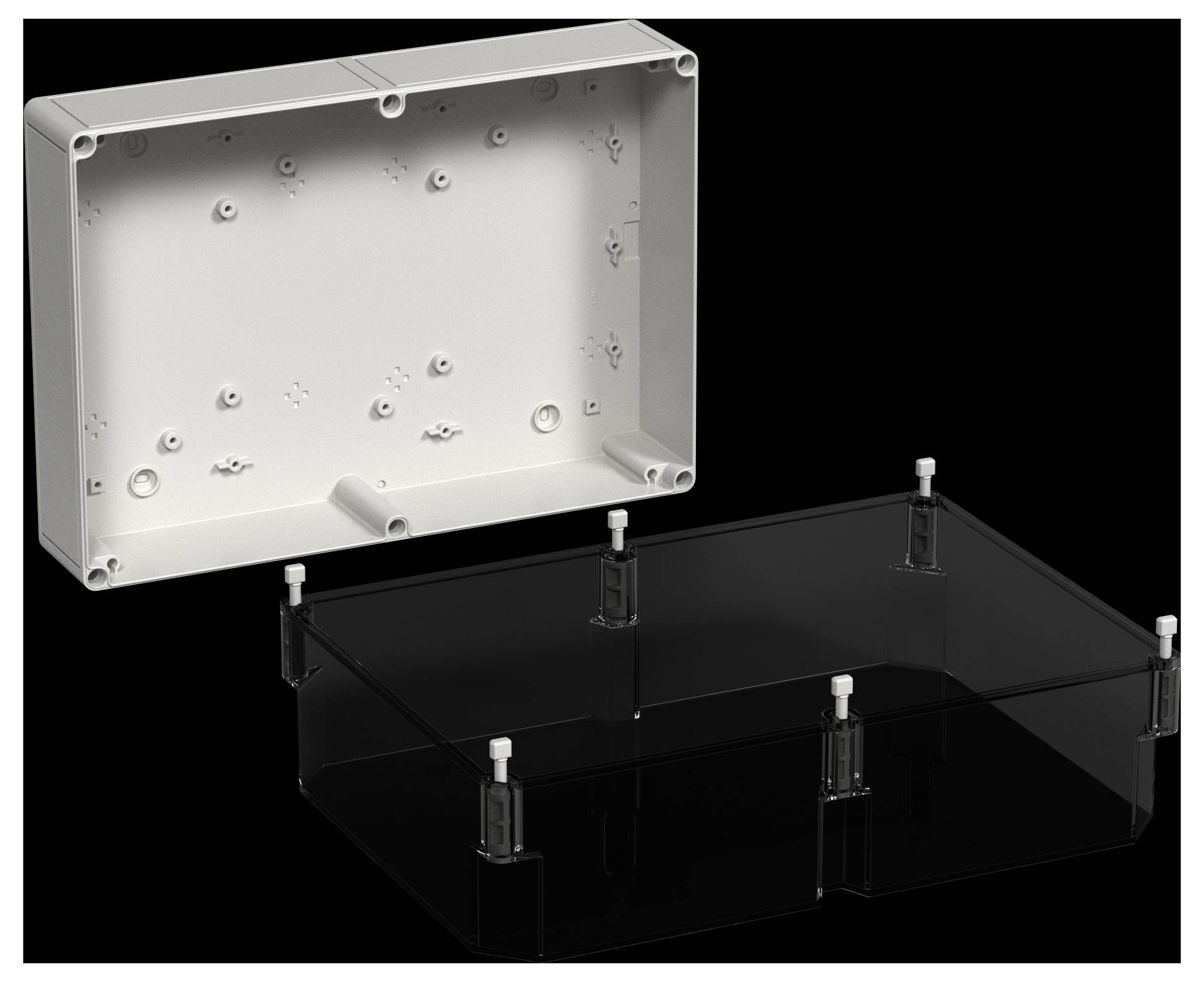 Eine weiße rechteckige Plastikbox mit abgenommenem Deckel, wobei Schraubenlöcher im Inneren sichtbar sind. Ein durchsichtiger dunkler Plastikdeckel liegt daneben.