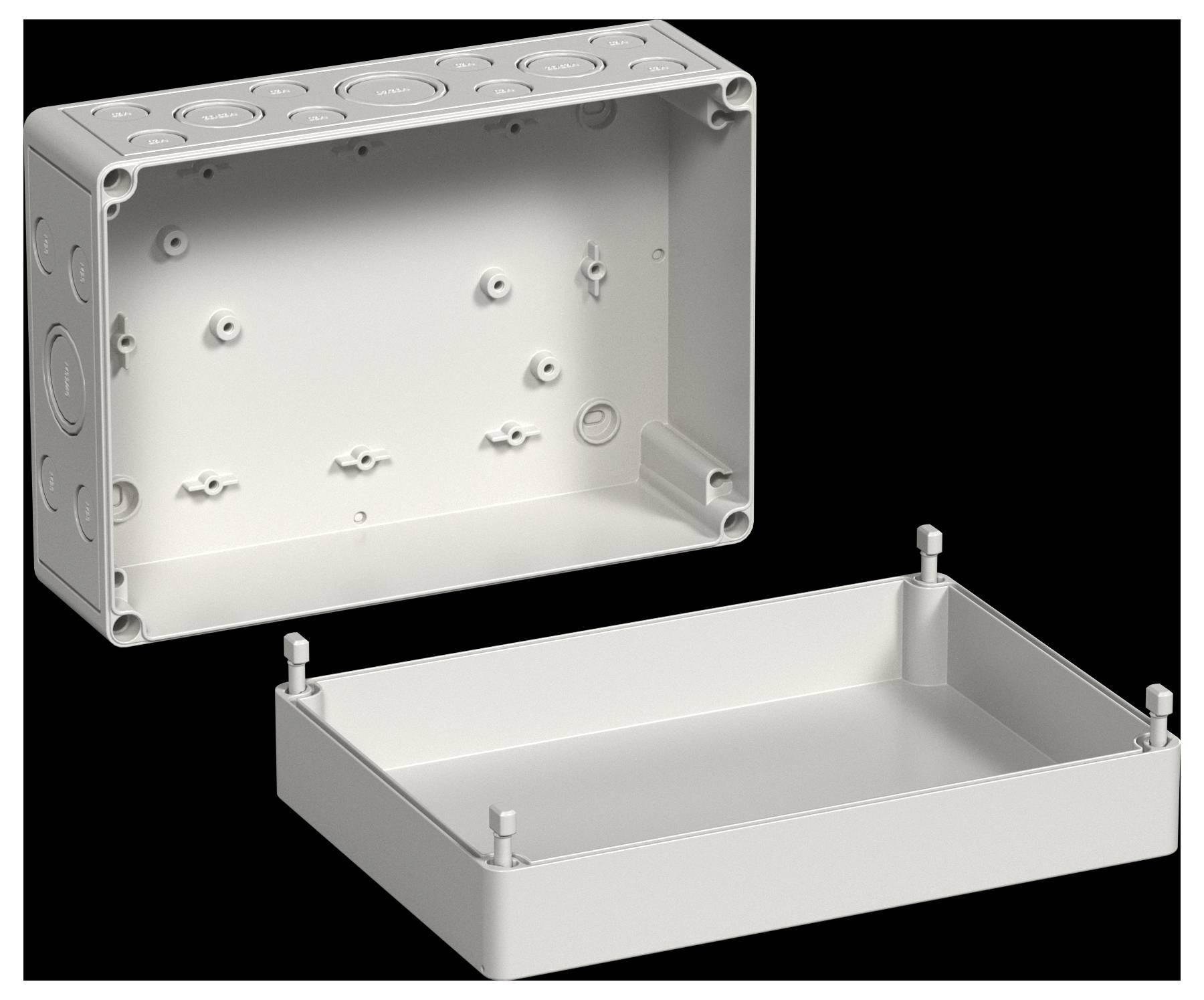 Eine offene graue Elektro-Verteilerdose mit mehreren Ausbrechöffnungen, aus zwei Perspektiven betrachtet, die Innen-Montagepunkte zeigend.