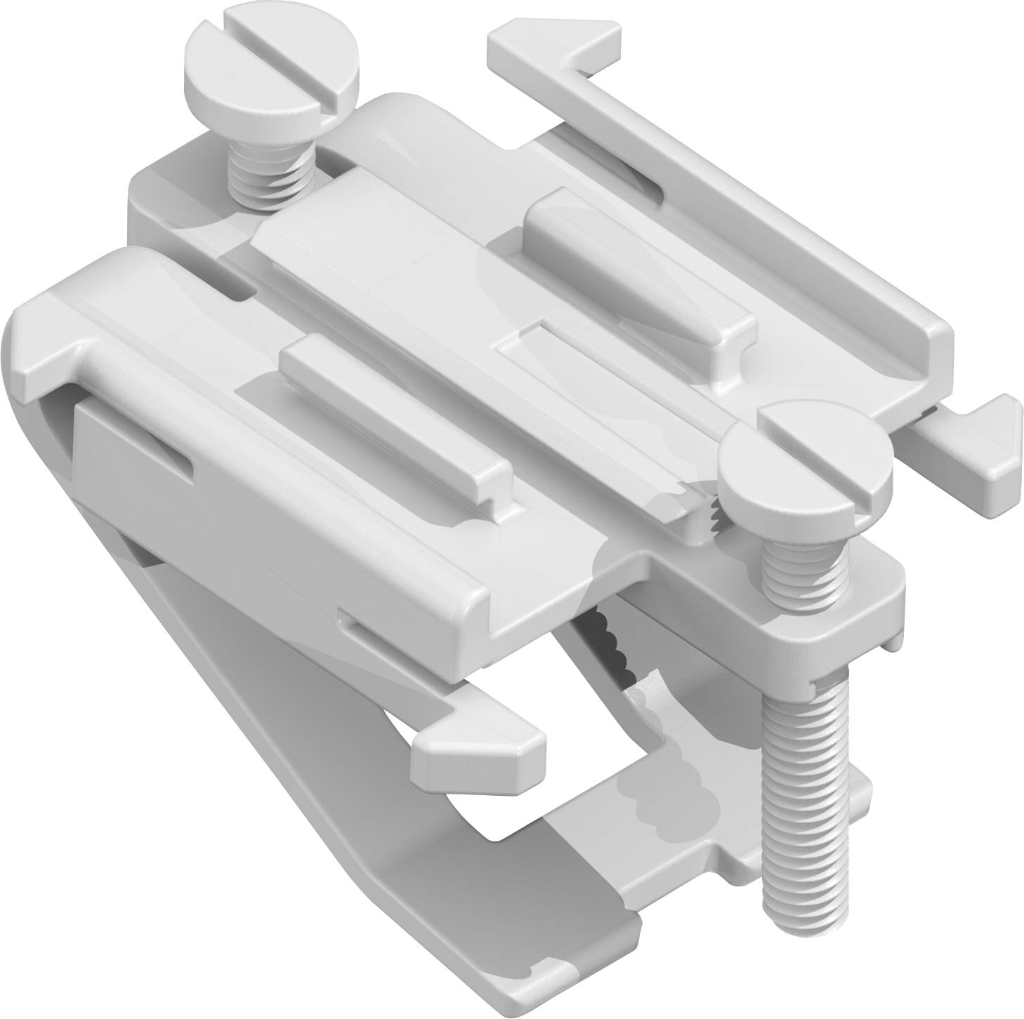 Ein 3D-gerendertes Bild einer Metallklemme mit zwei Schrauben, die zum Befestigen von Objekten verwendet wird, aus einer diagonalen Draufsicht dargestellt.