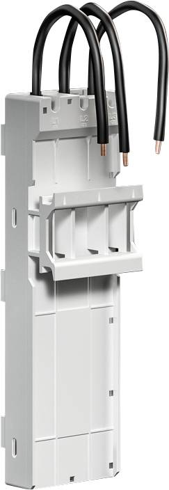 Graue elektrische Komponente mit vier schwarzen Kabeln, die jeweils freiliegende Kupferenden haben und oben verbunden sind. Die Komponente hat eine rechteckige Basis und verfügt über einen vorderen Schlitz.