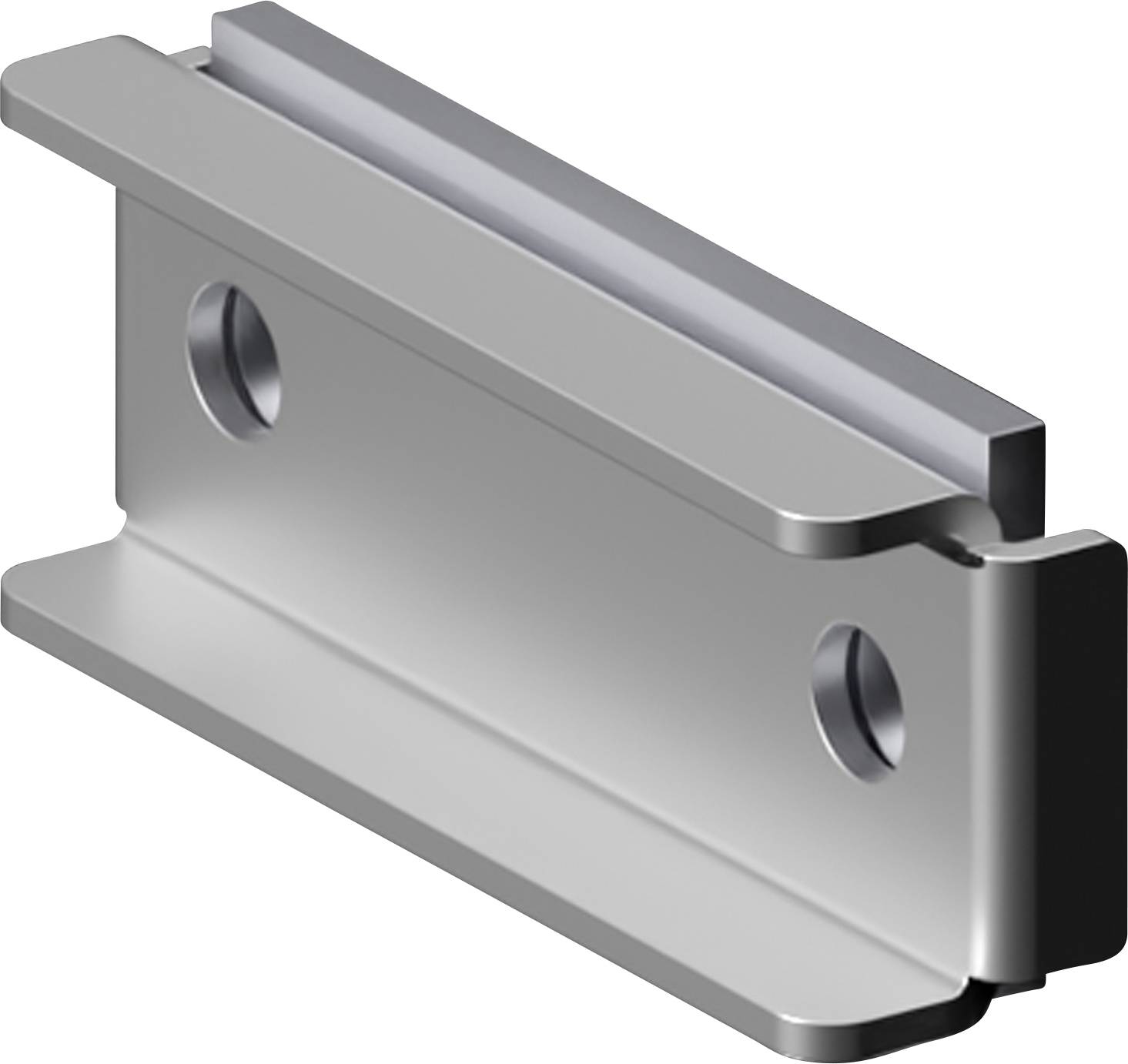 Metallische Halterung mit zwei Schraubenlöchern an einer Seite, konzipiert für Montage- oder Befestigungszwecke. Die Halterung hat eine rechteckige Form und eine glatte Oberfläche.