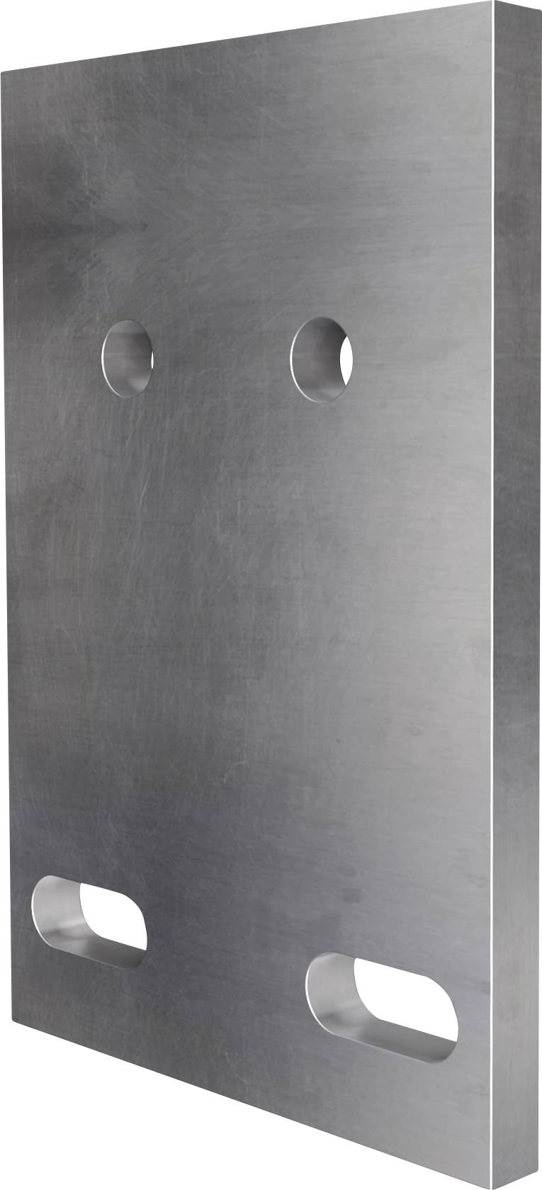 Eine rechteckige Metallplatte mit zwei kreisrunden Löchern an der Oberseite und zwei länglichen Schlitzen an der Unterseite, die zum Befestigen verwendet wird.
