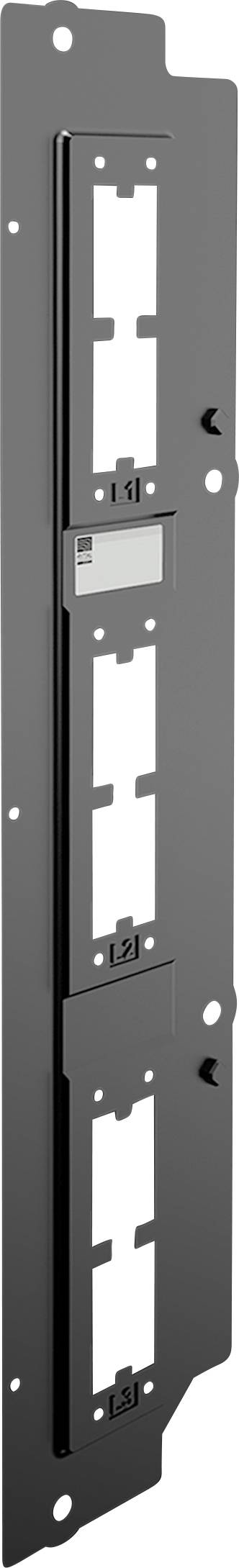 Eine vertikale, schwarze Metallmontageplatte, die zum Halten von drei elektronischen Geräten oder Komponenten konzipiert ist. Sie verfügt über Aussparungen und einen Tastenmechanismus.