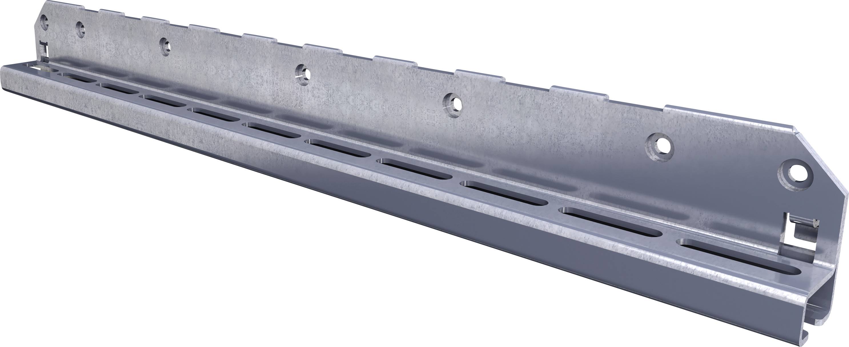 Metallbefestigungshalterung mit vorgebohrten Löchern und Schlitzen zur Befestigung von Objekten, Ansicht aus einem schrägen Winkel, die Struktur und Design zeigt.