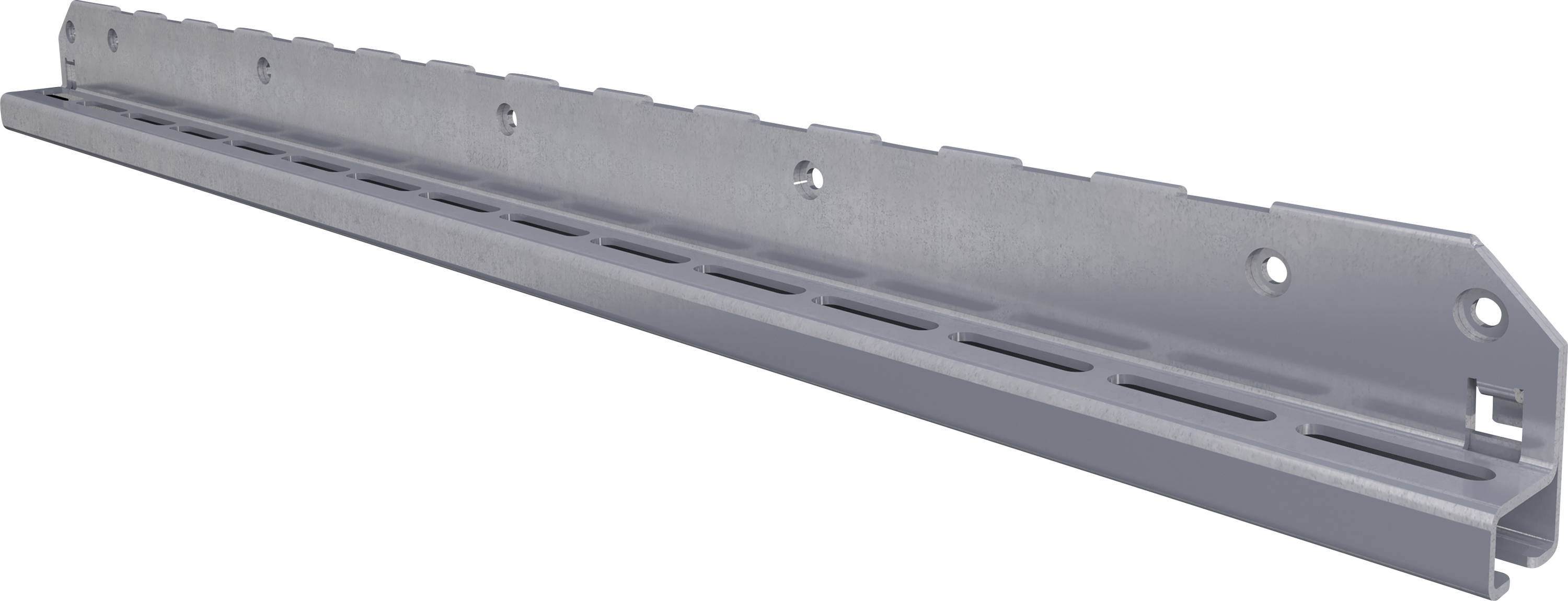 Ein grauer Metallhalter mit mehreren Löchern zur Befestigung, ausgestattet mit einer geschlitzten Konstruktion und einer abgewinkelten Ecke für strukturelle Unterstützung.