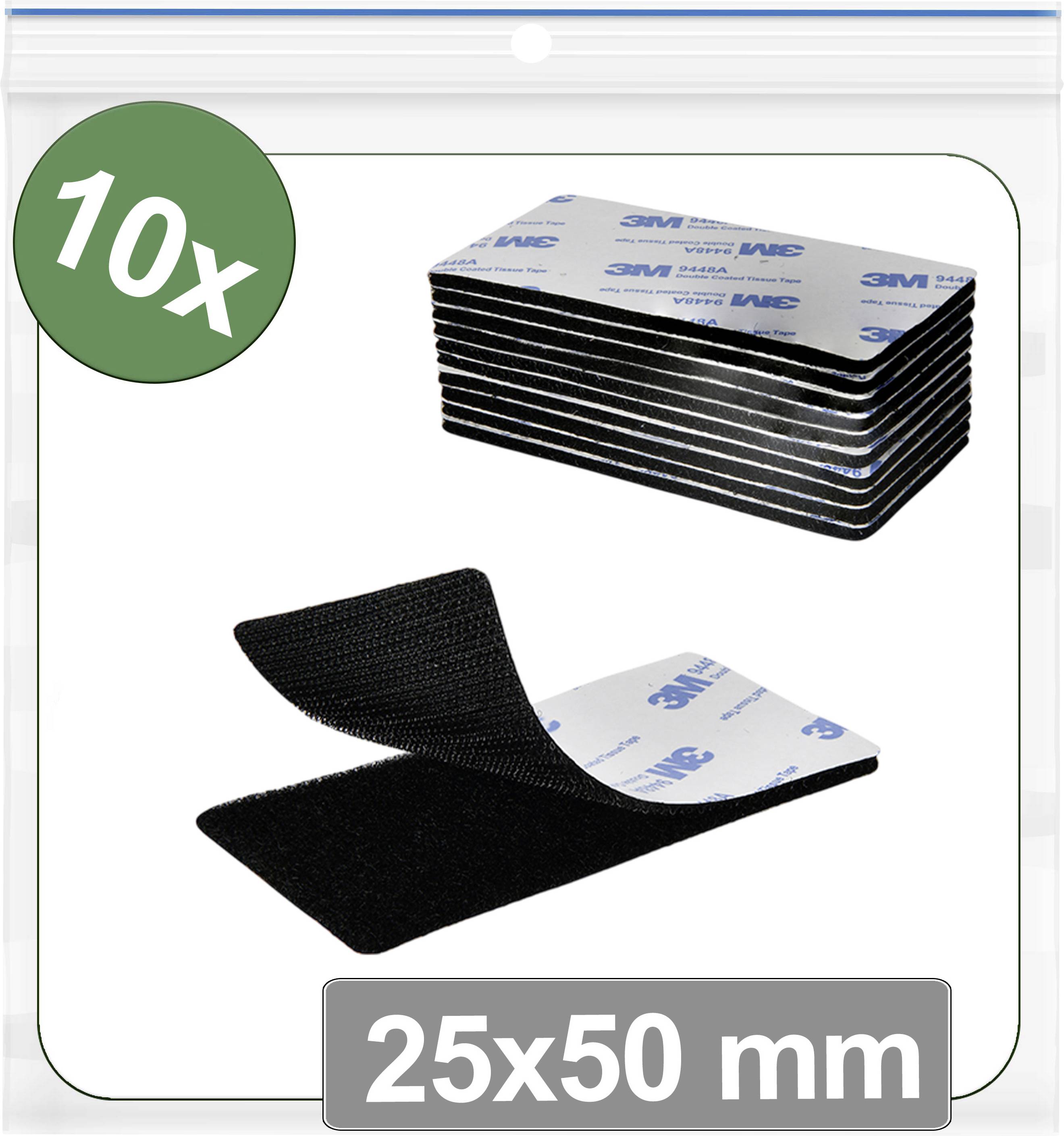 Zehn Klettverschlussstreifen mit Klebeschicht, jeweils 25x50 mm, mit 3M-Branding auf dem Trägermaterial.