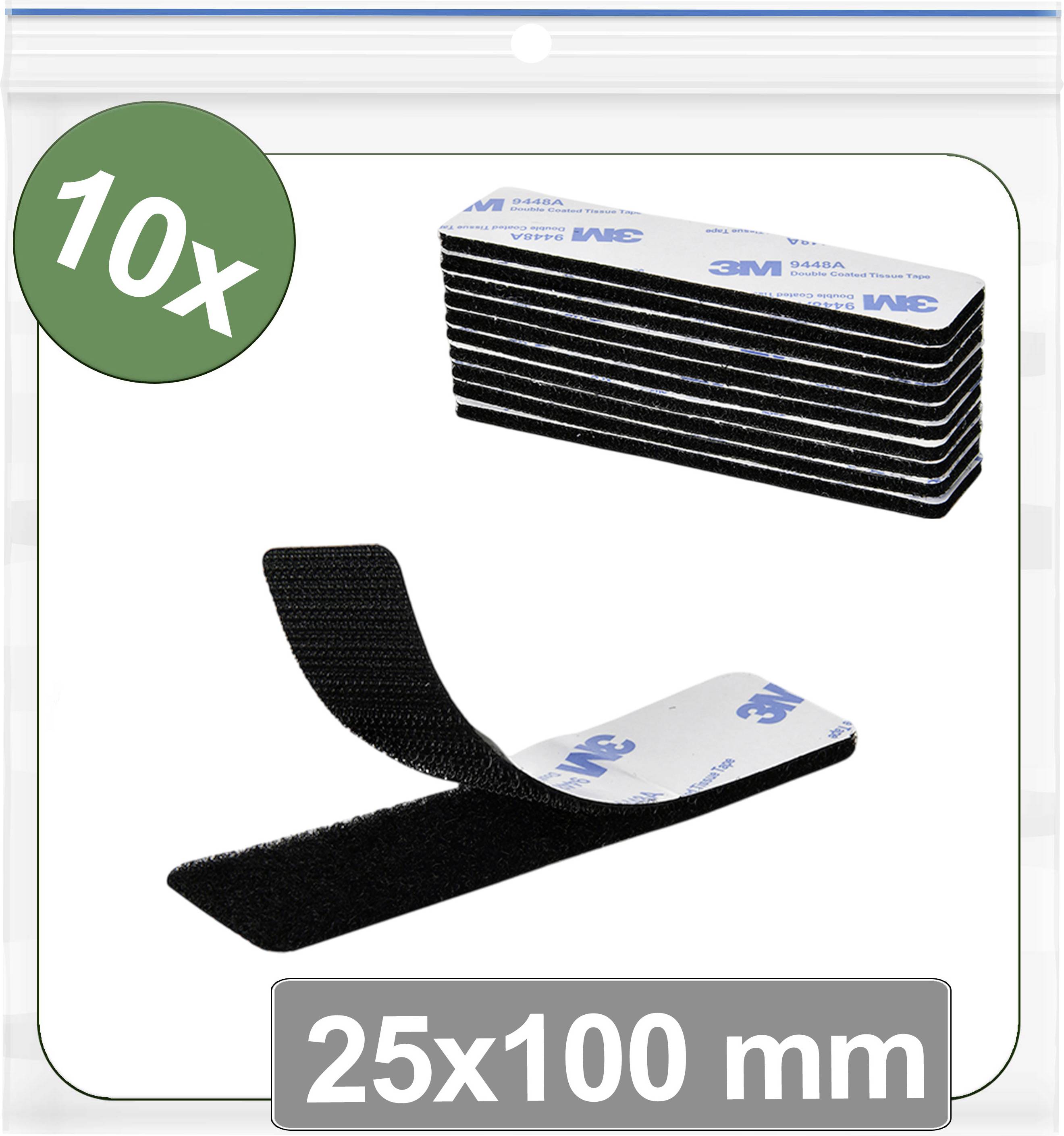 '10x 3M Klettstreifen, 25x100 mm, schwarz.' Ein Bild, das zehn schwarze 3M Klettstreifen gestapelt mit einem geöffneten darstellt, was Größe und Menge anzeigt.