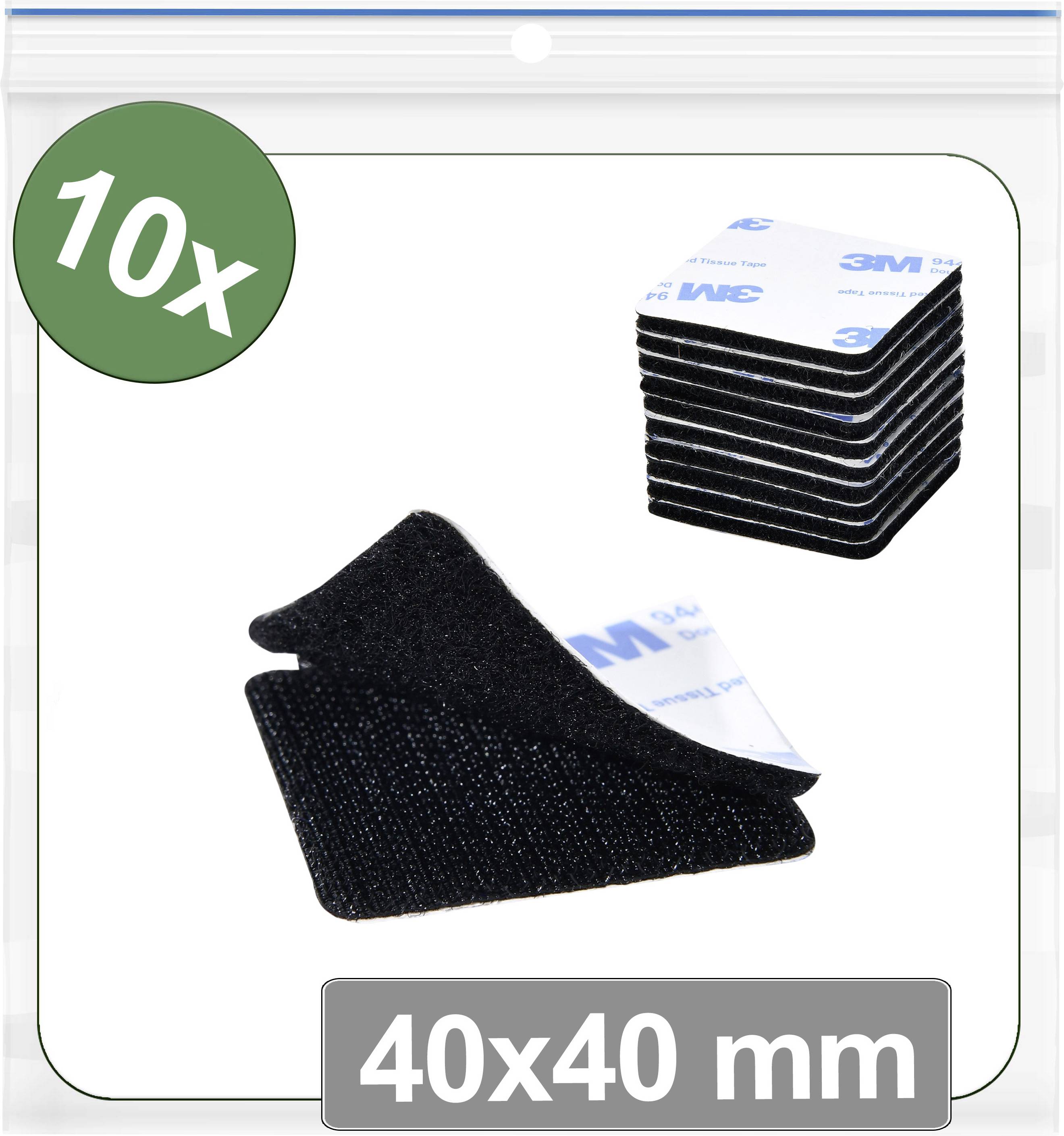 10er-Pack quadratische Klettband-Patches mit 40x40 mm und 3M-Rückseite. Ein Patch ist getrennt dargestellt, um beide Seiten zu zeigen.