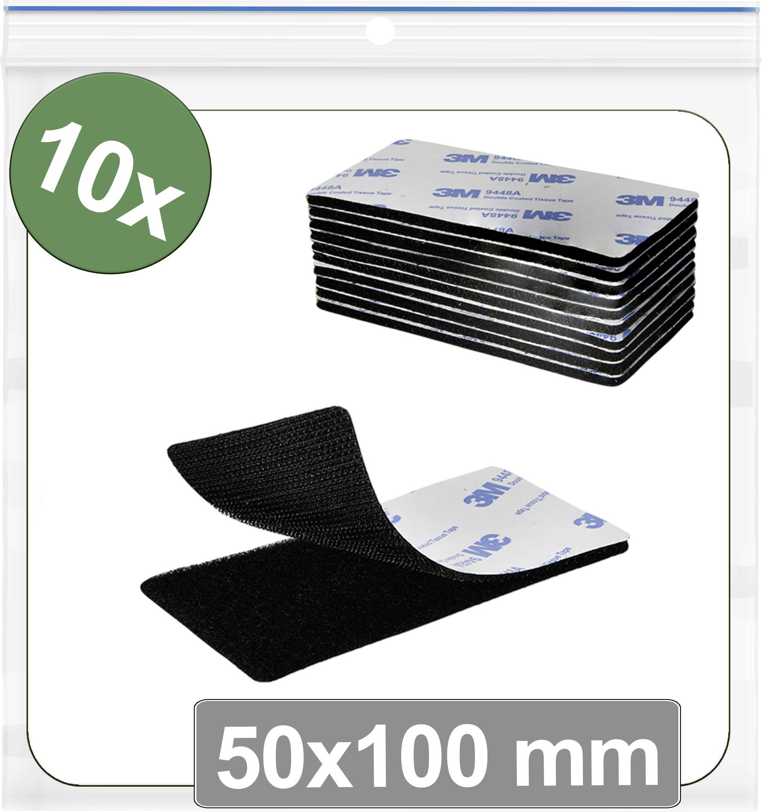 Packung mit 10 rechteckigen Klebepads, 50x100 mm, mit schwarzem Klettband-Rücken, gestapelt und einzeln dargestellt.