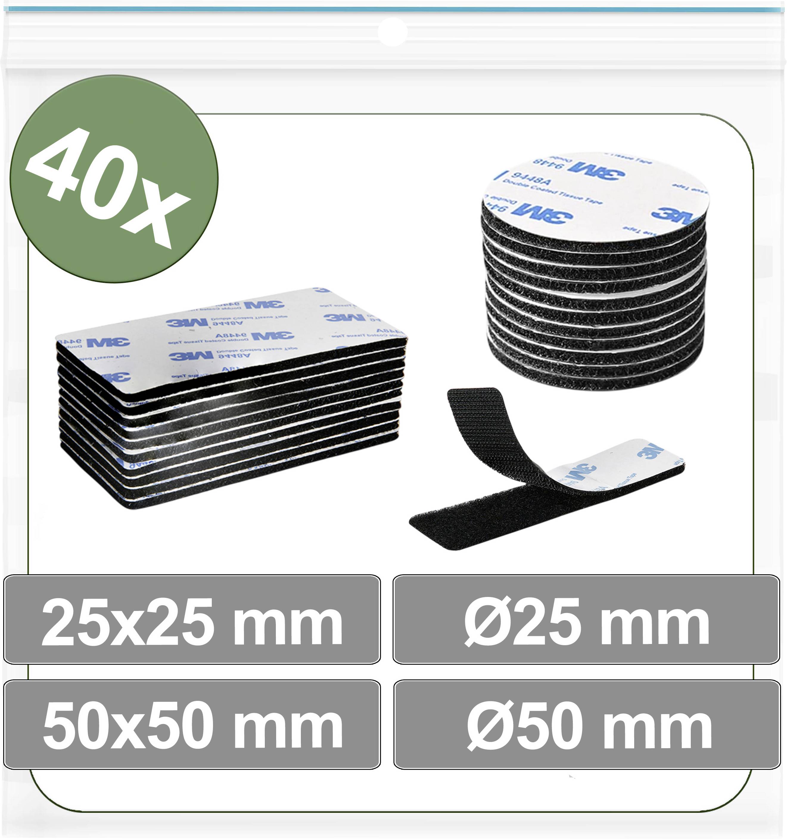Packung mit 40 Befestigungsklemmen in verschiedenen Formen und Größen: 25x25 mm, 50x50 mm, Ø25 mm, Ø50 mm. Enthält rechteckige und runde Klettverschlüsse.