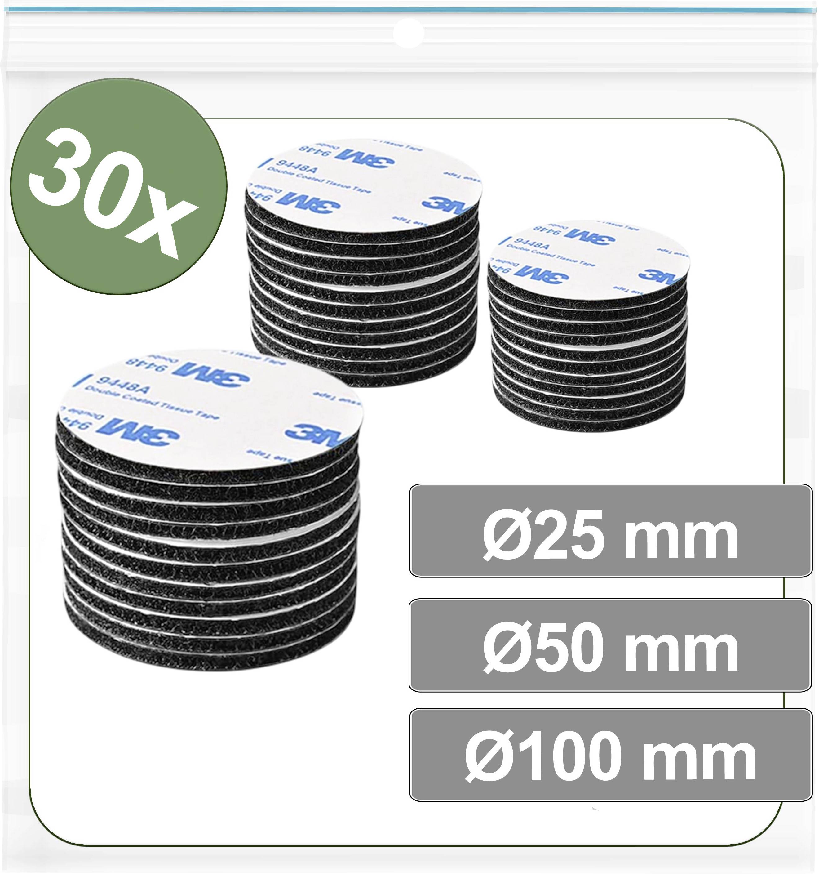 '30x' Satz schwarze Klettkreise mit Abmessungen: 25 mm, 50 mm und 100 mm. In einer transparenten Tasche verpackt.