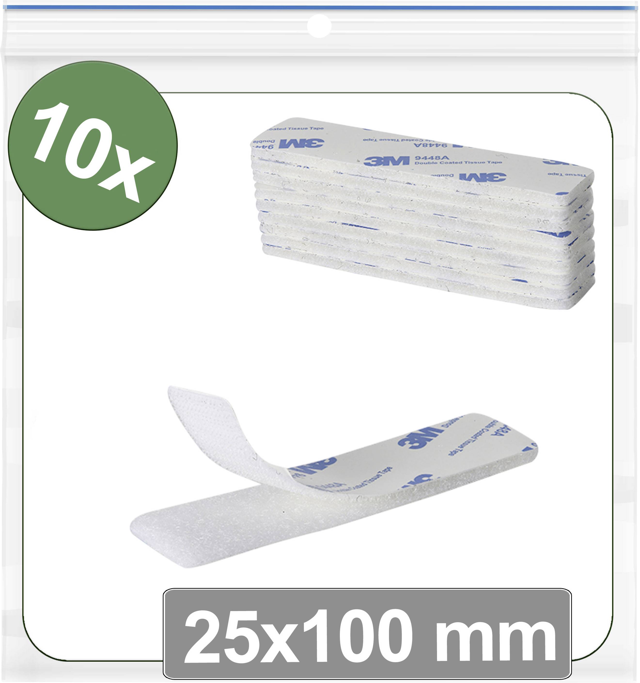 Eine Packung mit 10 Haftstreifen, jeder 25x100 mm groß. Die Streifen sind weiß mit sichtbarem 3M-Logo, verwendet zum Befestigen oder Verbinden.