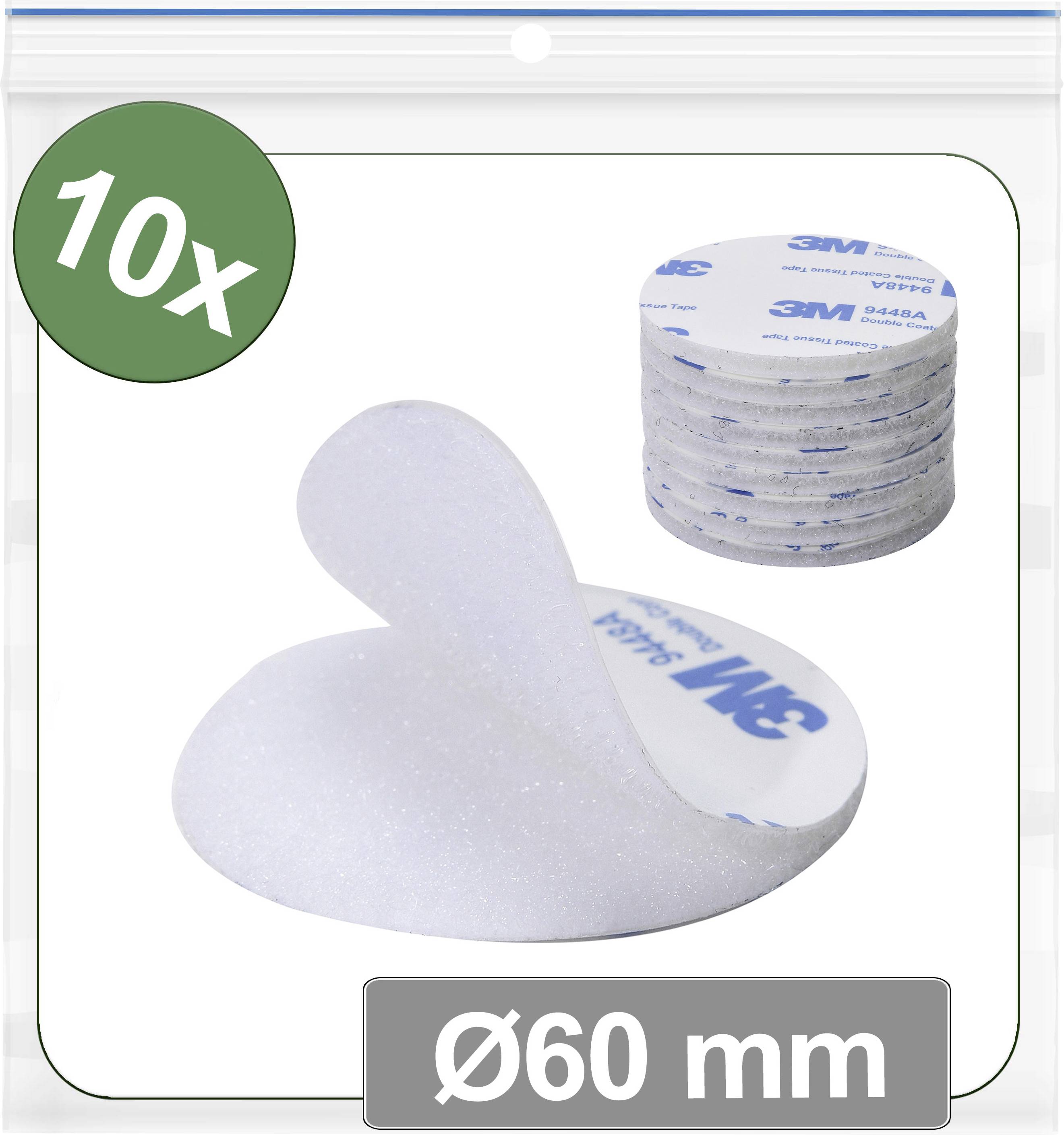 10x 3M doppelseitige Klebepads, 60 mm Durchmesser, in einer Kunststoffverpackung gezeigt, wobei ein Pad teilweise abgezogen ist, um die Schichten zu verdeutlichen.