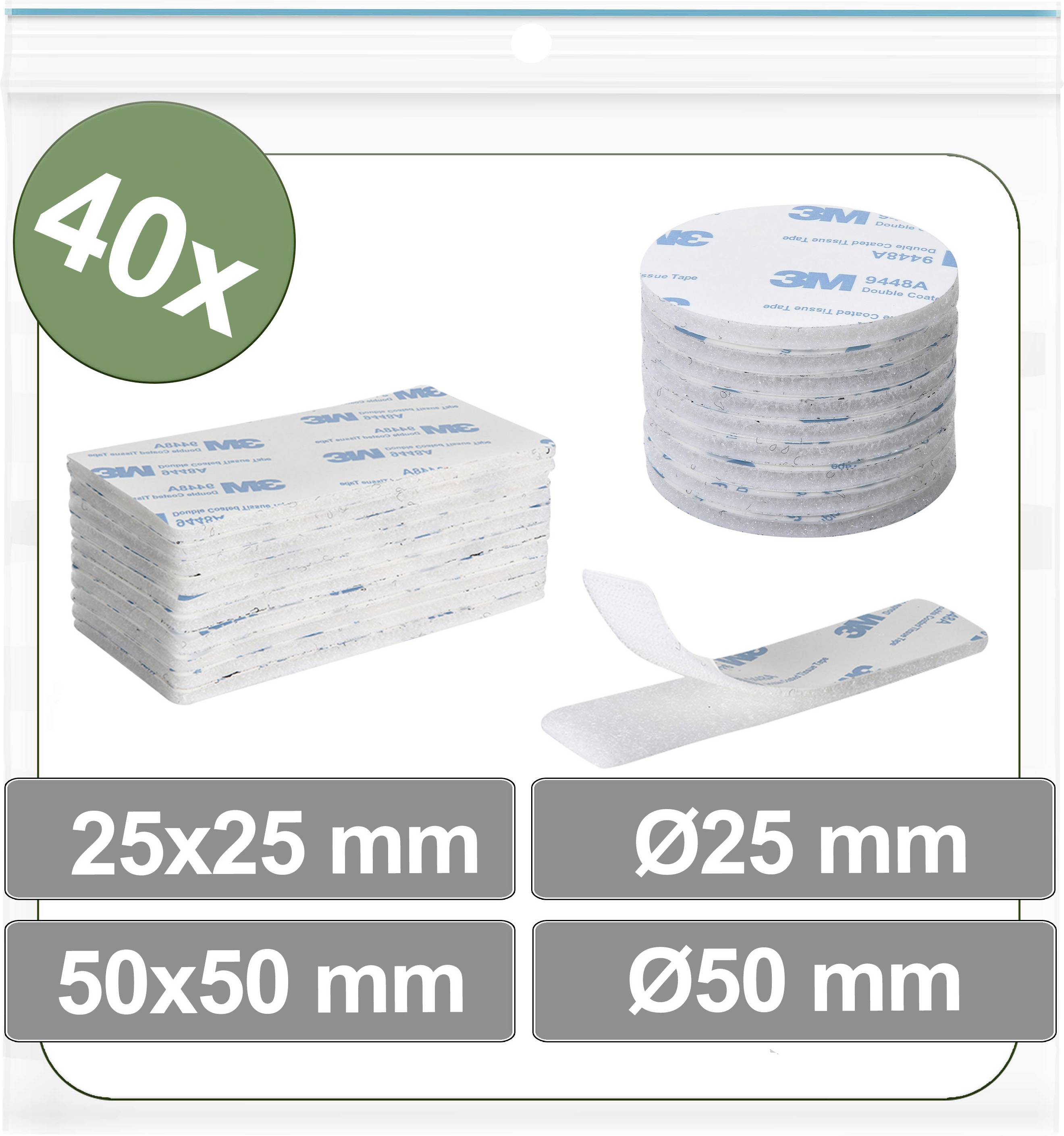 Packung mit 40 Haftpads in quadratischen und runden Formen. Größen: 25x25 mm, 50x50 mm, Ø25 mm, Ø50 mm.