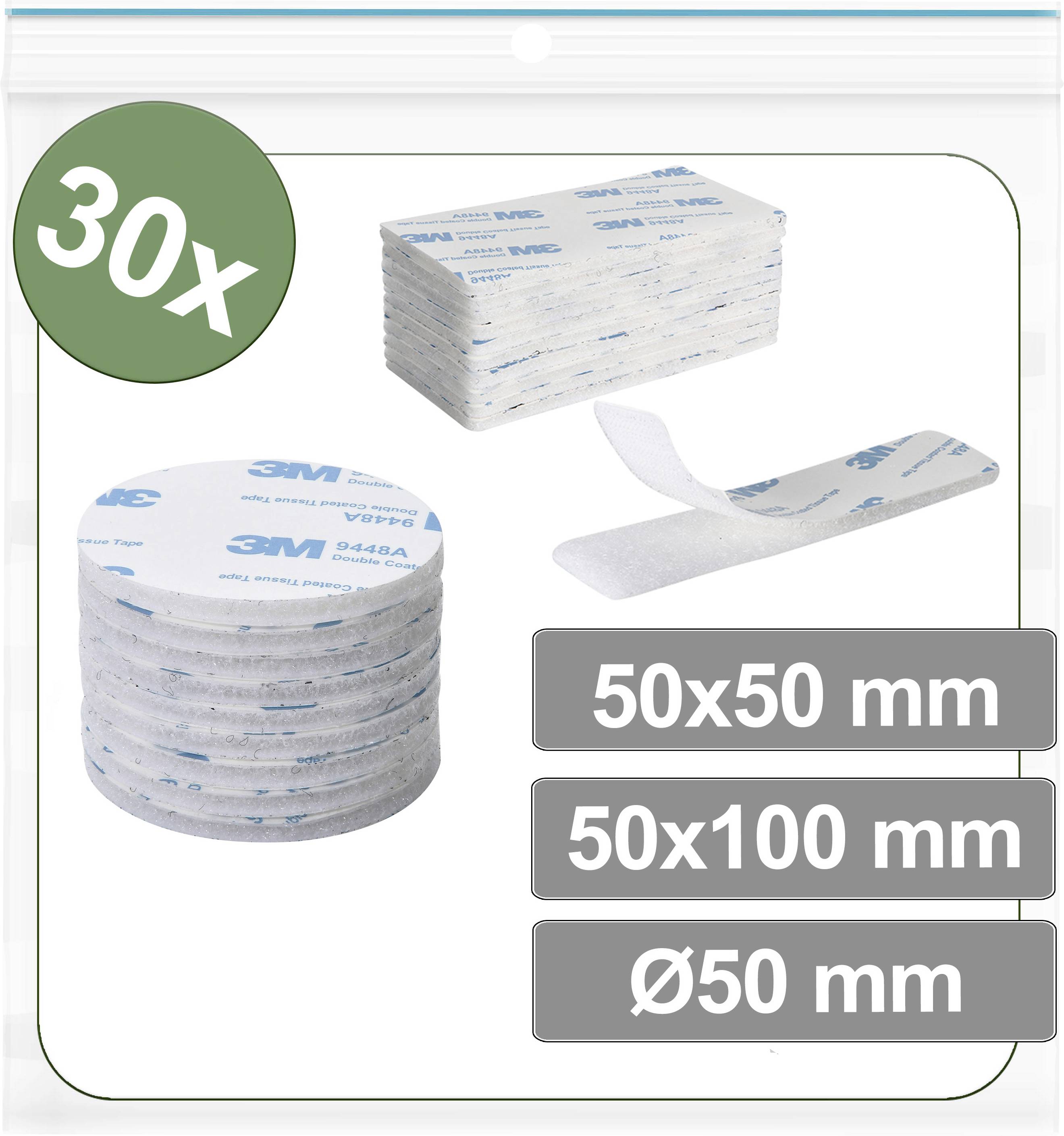 Eine Packung Haftpads enthält 30 Stück. Drei Größen werden dargestellt: 50x50 mm, 50x100 mm und Ø50 mm.