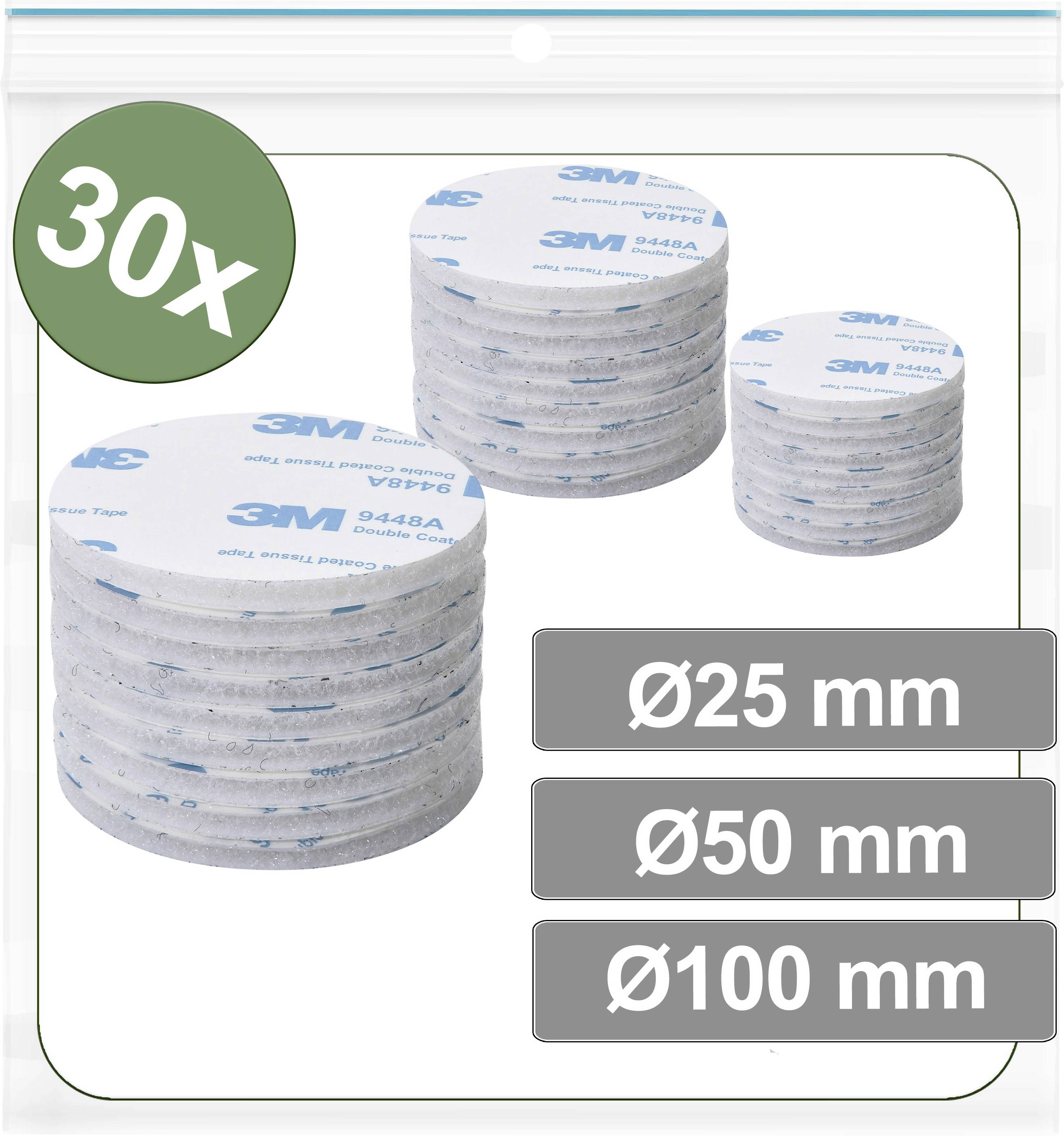 Reißverschlussbeutel mit dreißig 3M Klebepads in runder Form in verschiedenen Größen: 25 mm, 50 mm und 100 mm Durchmesser.