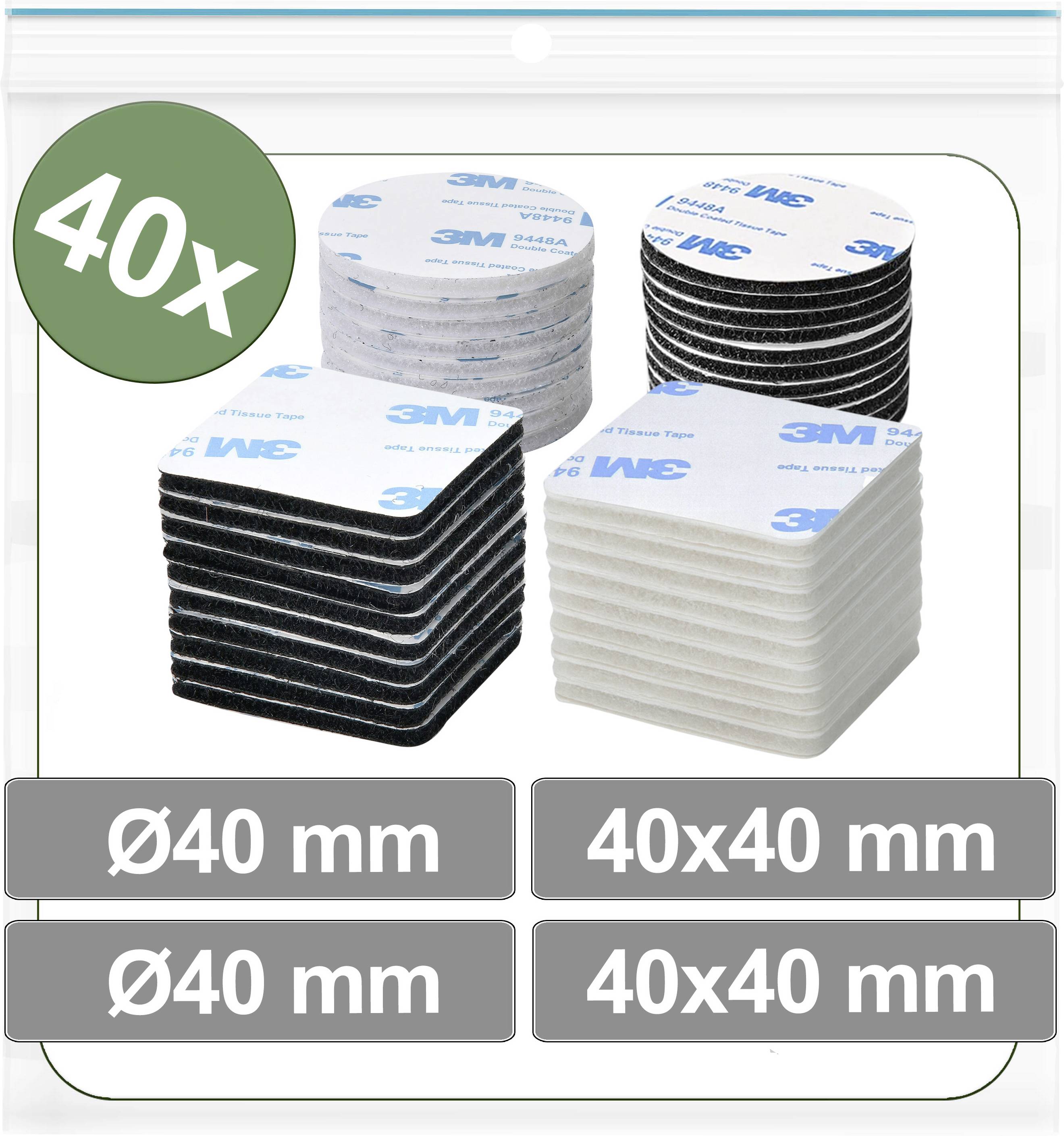 Packung mit 40 Haftnotizen in verschiedenen Größen und Farben, inklusive runder und quadratischer Optionen, mit 3M-Branding.