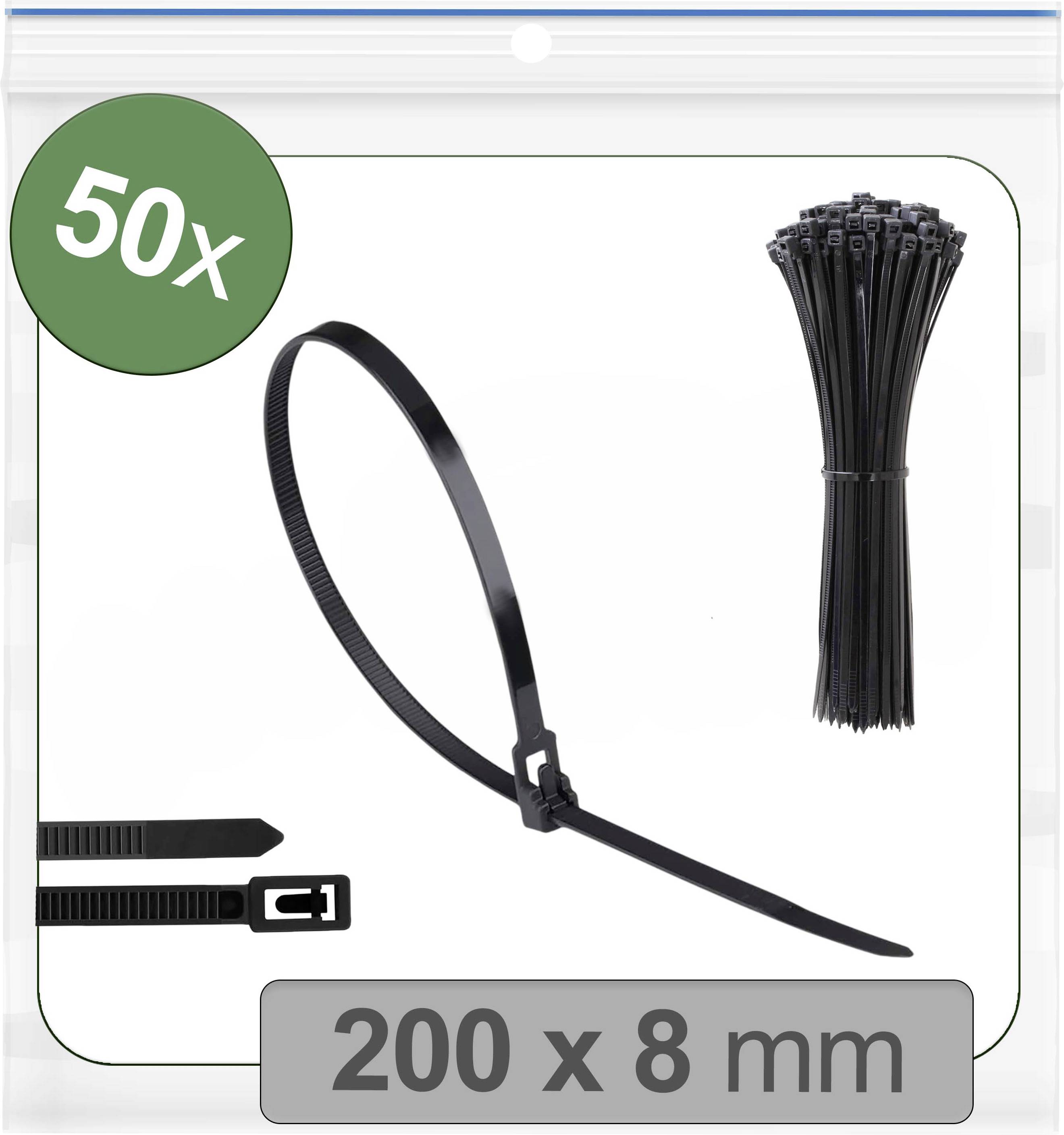 Bild einer Packung mit 50 schwarzen Kabelbindern, von denen jeder 200 x 8 mm misst. Die Kabelbinder sind zusammengebündelt und einzeln dargestellt.