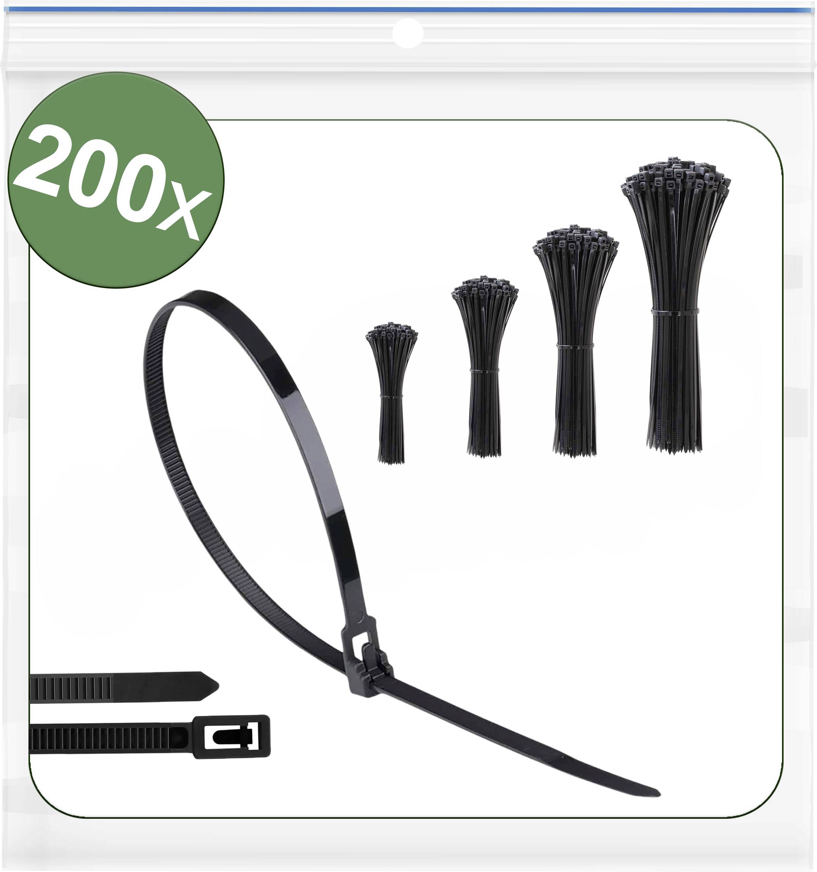 Ein Paket mit 200 schwarzen Kabelbindern, dargestellt in verschiedenen Größen, mit einem Kabelbinder, der teilweise befestigt ist.