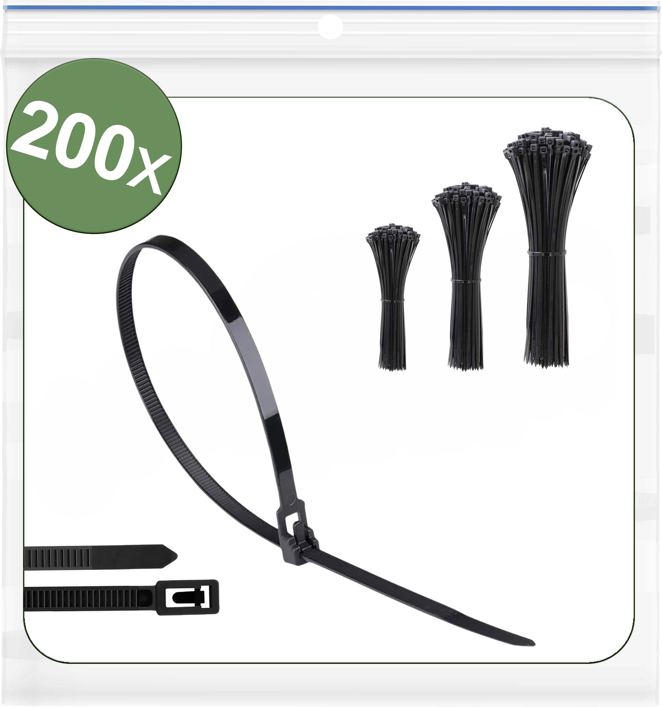 Ein Paket mit 200 schwarzen Kabelbindern verschiedener Größen, in kleinen Gruppen gebündelt, mit Fokus auf ihrem sicheren Verschlussmechanismus.