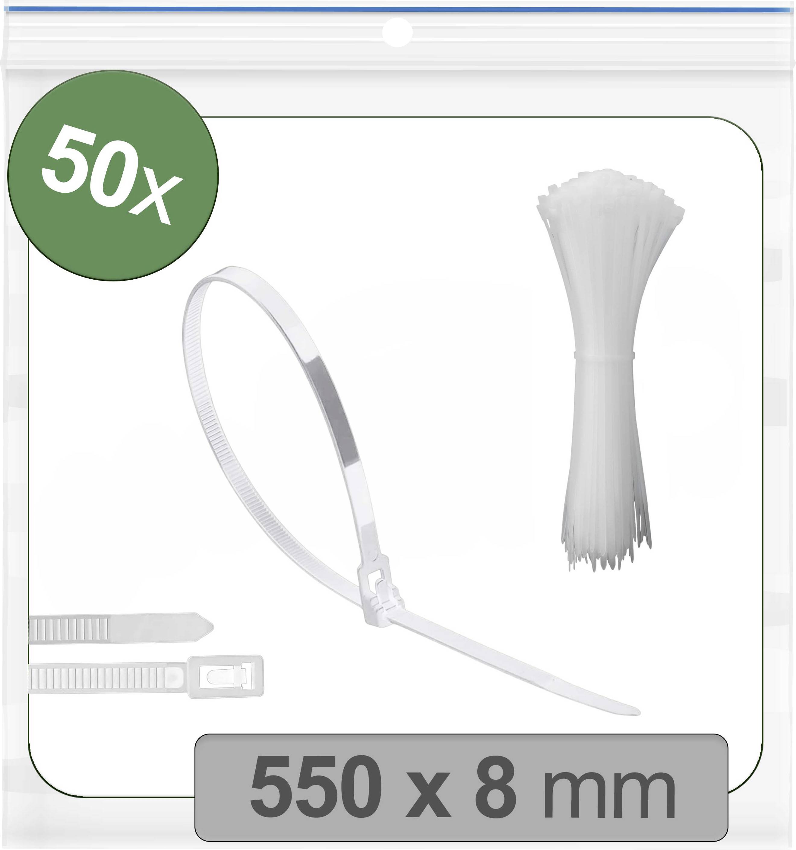 Ein Packung mit 50 weißen Kabelbindern, jeweils 550 x 8 mm groß, präsentiert mit einem Bild von einzelnen Kabelbindern und einem Bündel Kabelbinder im Hintergrund.