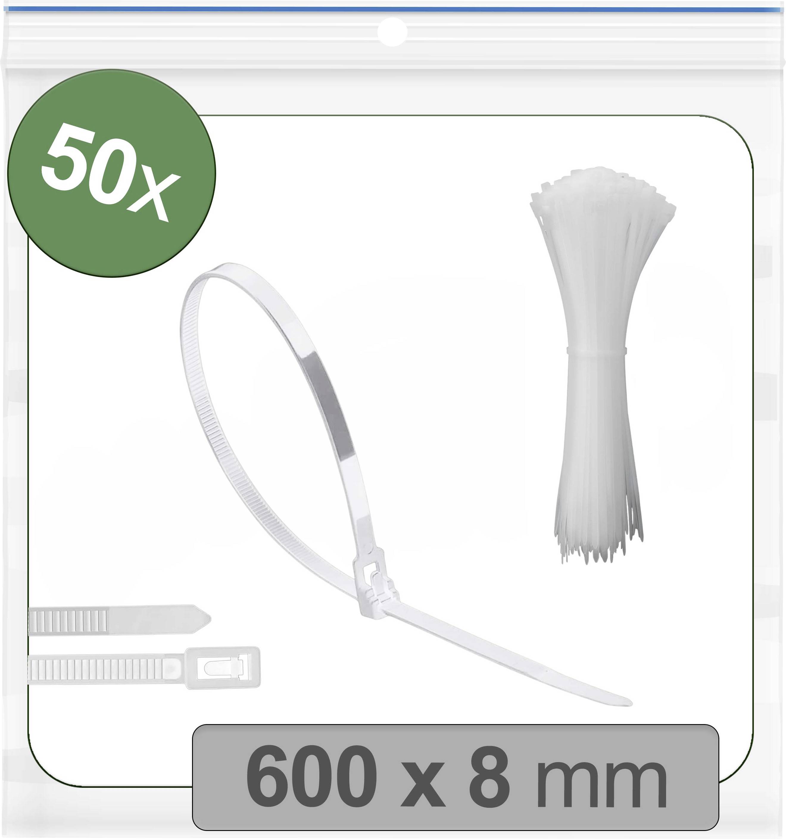 50er-Pack weiße Kabelbinder, Größe 600 x 8 mm, in transparenter Verpackung mit einem Bündel Kabelbinder auf der Seite gezeigt.