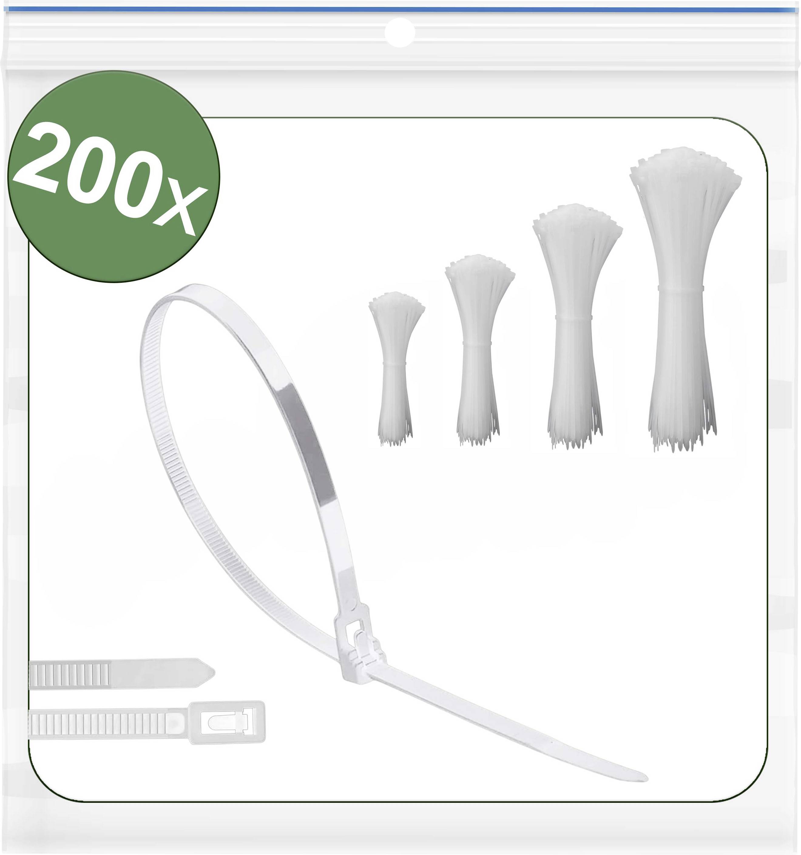 Ein Paket mit 200 weißen Kabelbindern in verschiedenen Größen, präsentiert in einem transparenten Zip-Beutel mit einer grünen '200x' Beschriftung in der Ecke.