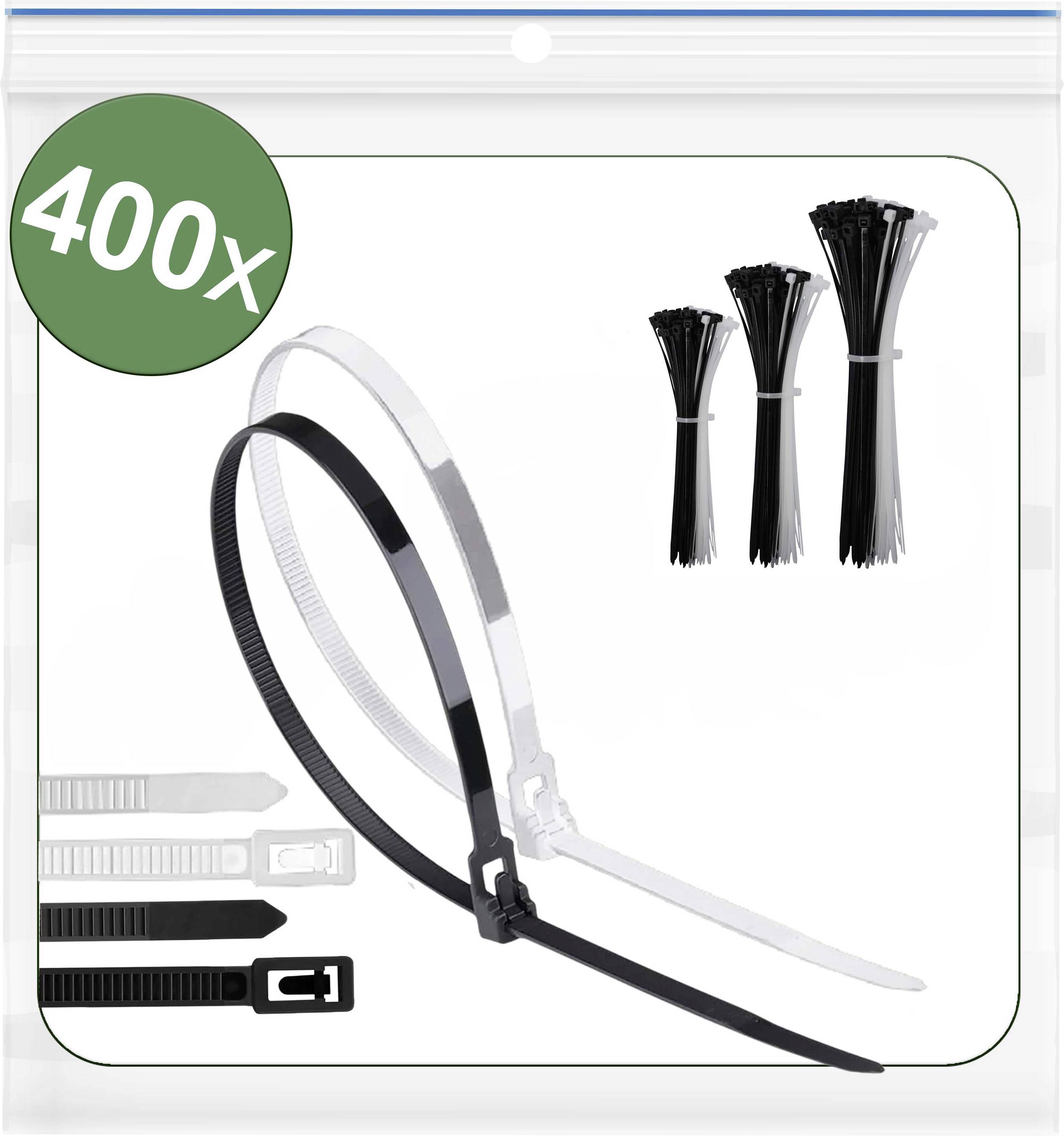 Packung mit 400 Kabelbindern in Schwarz und Weiß, verschiedene Größen abgebildet. Ideal zum Organisieren von Kabeln und Befestigen von Gegenständen.