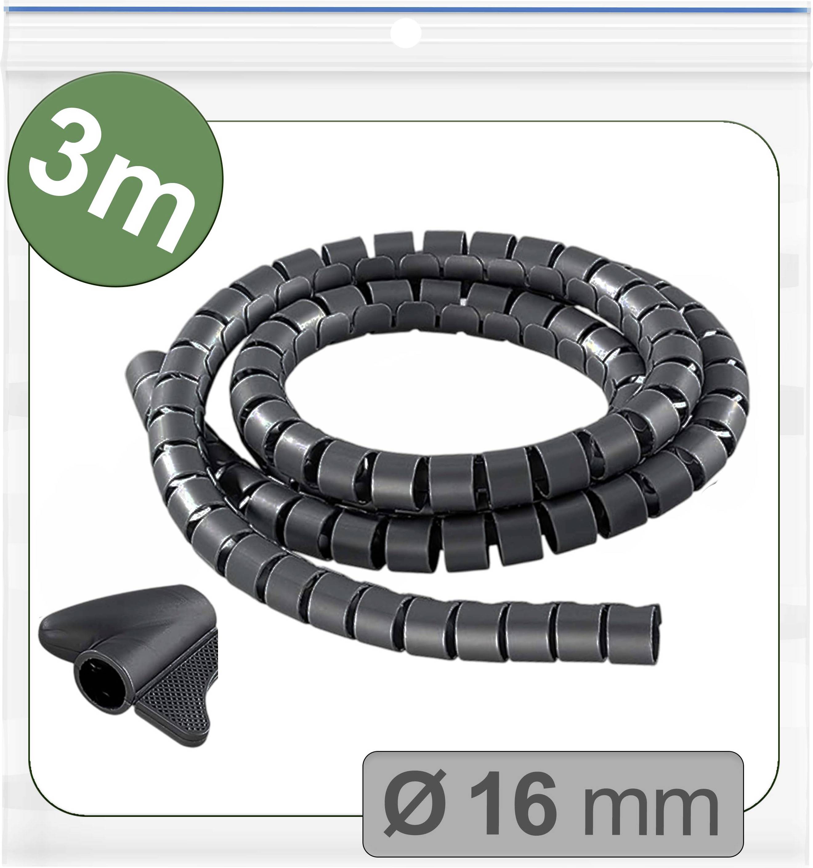 '3m Ø 16 mm Kabelspiralwickel' auf der Verpackung mit einem schwarzen spiralförmigen Kabelorganizer und Applikationswerkzeug.