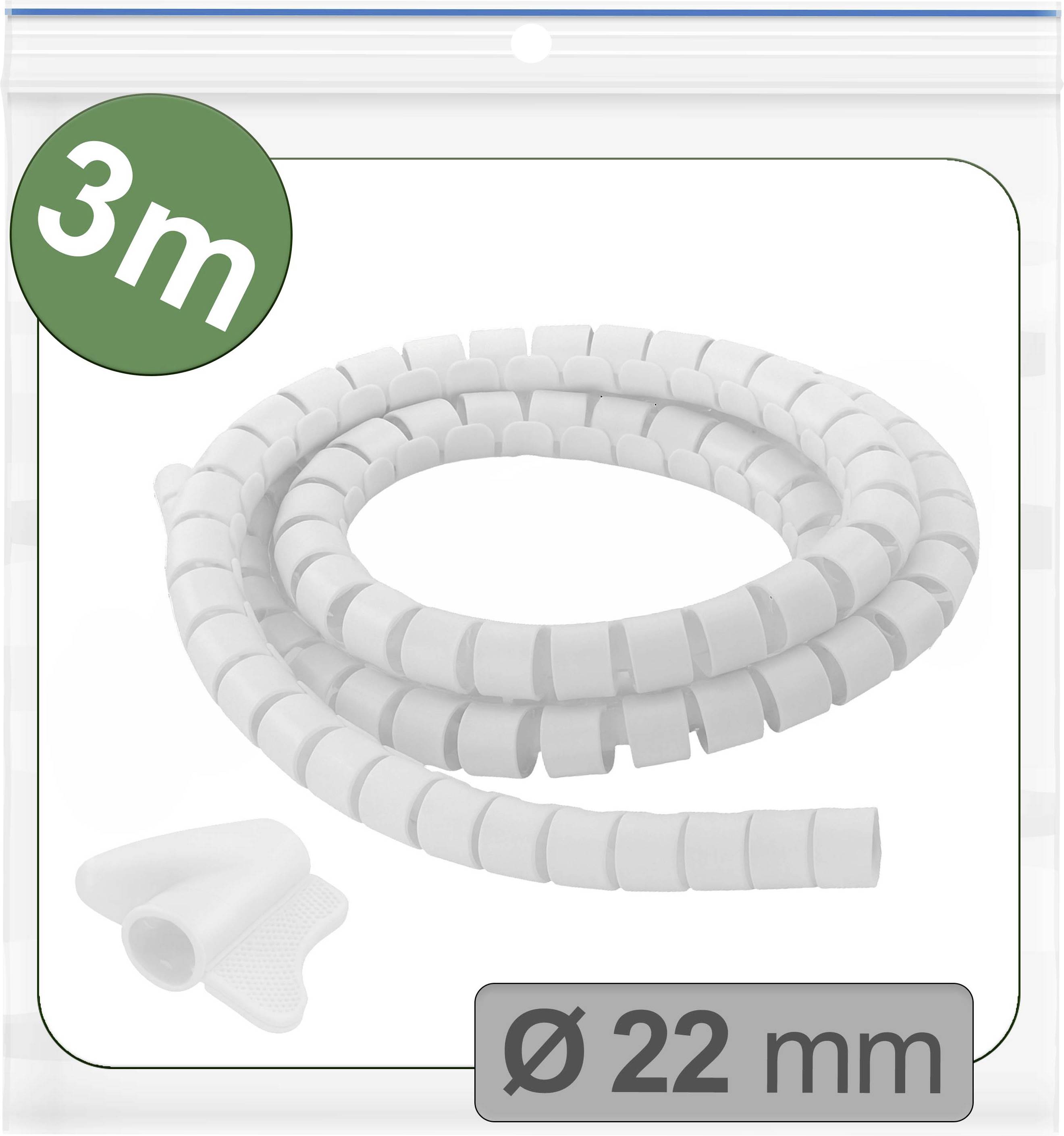 Weißes, spiralförmiges Kabelorganisationsrohr, 3 Meter lang, 22 mm Durchmesser, verpackt in einer transparenten Tüte mit einem grünen 3m-Etikett und einem grauen Ø 22 mm Aufkleber.