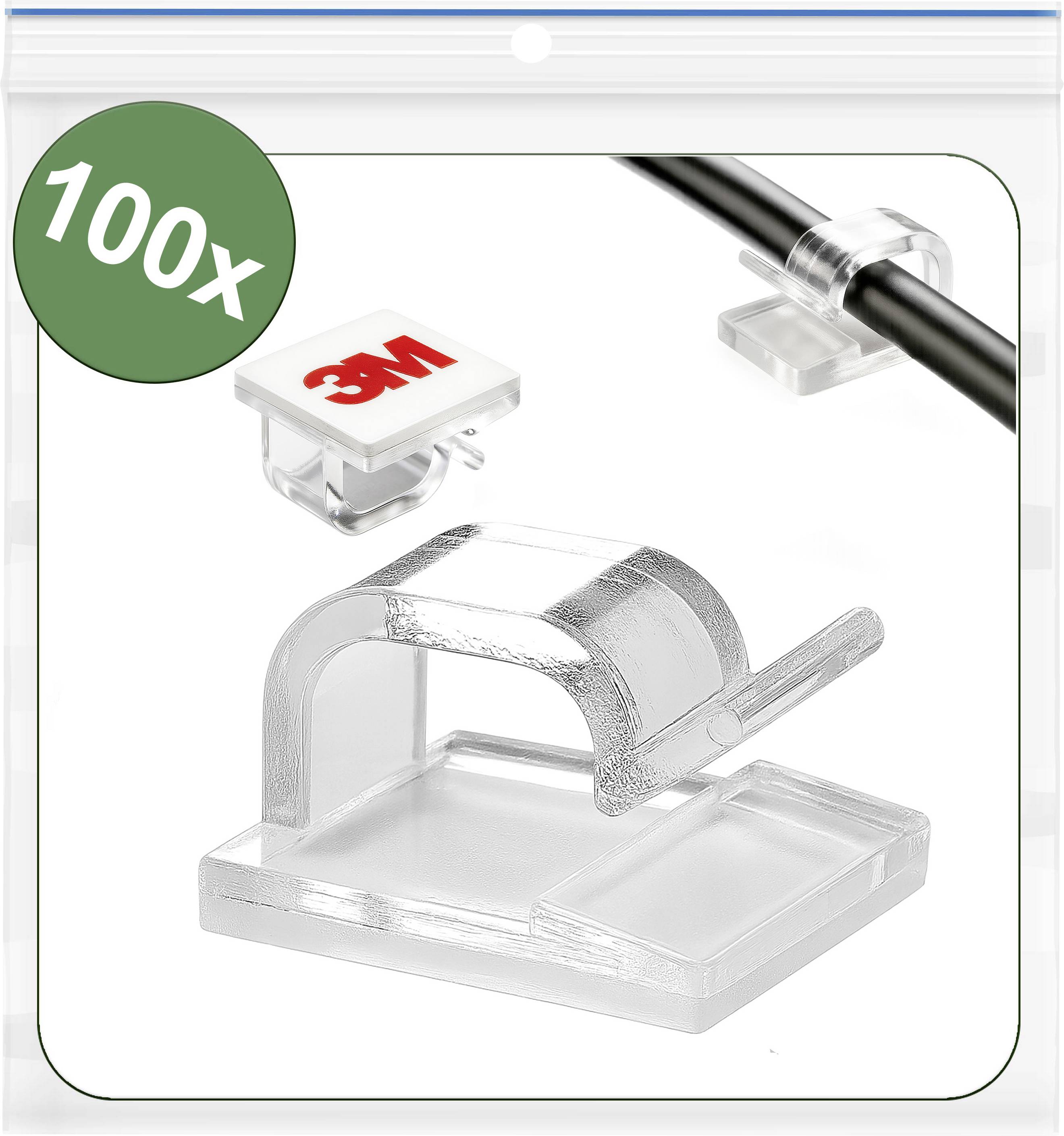 Das Bild zeigt eine transparente Kabelmanagement-Klemme mit selbstklebender Rückseite, mit der Aufschrift '3M', die ein schwarzes Kabel an seinem Platz hält. Eine Verpackung gibt die Menge an: 100x.