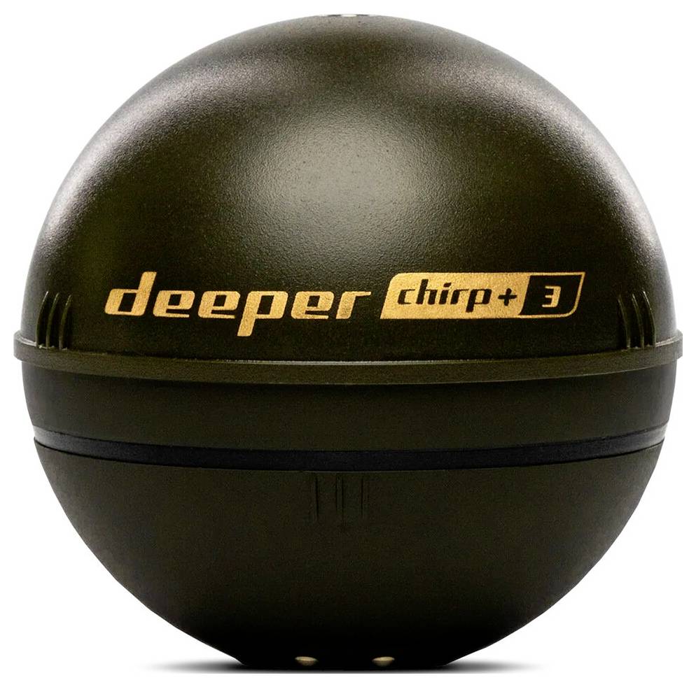 Fischortungsgerät namens 'Deeper Chirp+ 3', kugelförmig, mit einer dunkelgrauen Oberfläche.
