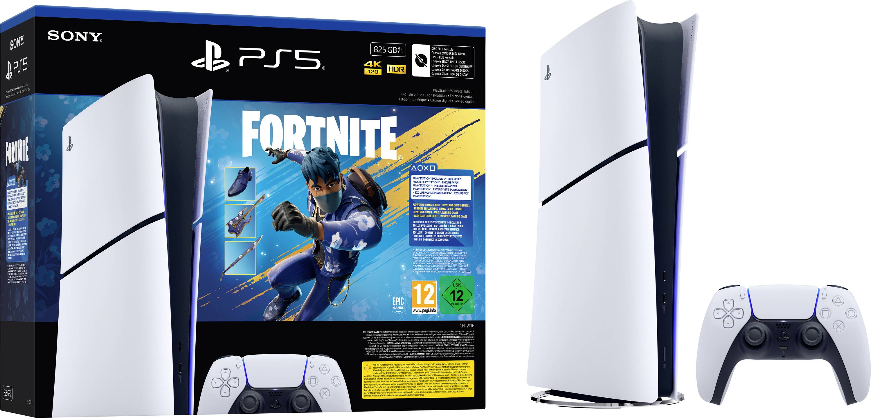 Das Bild zeigt ein PlayStation 5 Konsolen-Bundle mit 'Fortnite' Branding, einschließlich einer PS5 Verpackung, Konsole und DualSense Controllers.