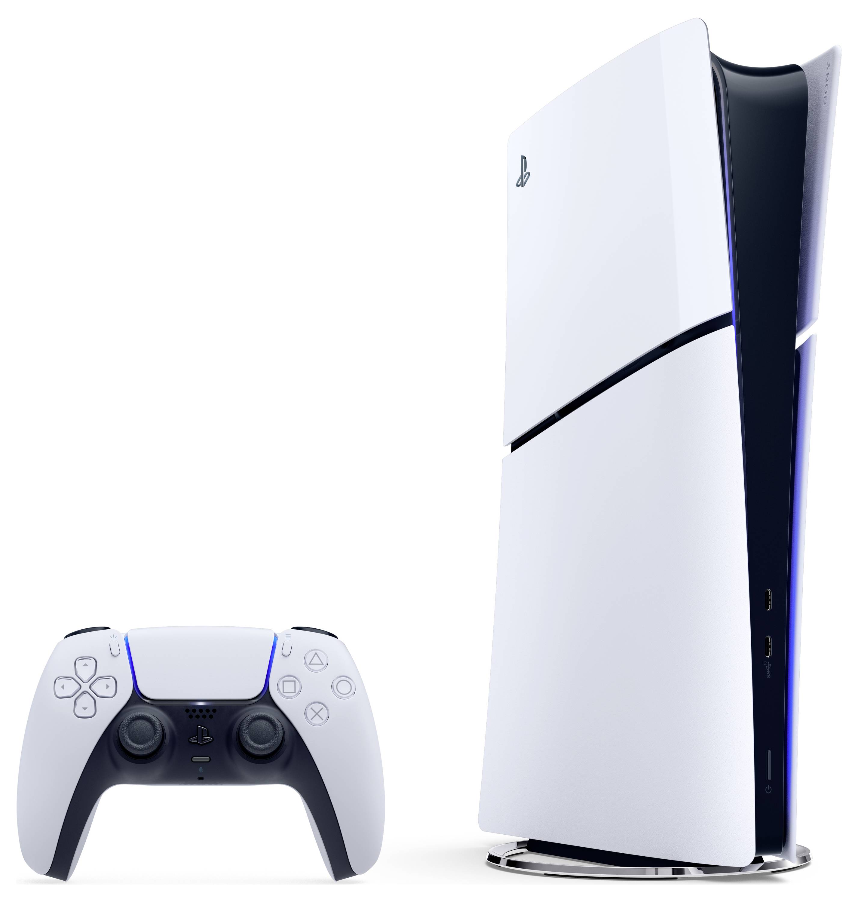Eine weiße Spielekonsole mit einem passenden drahtlosen Controller. Die Konsole ist vertikal ausgerichtet und zeigt modernes, schlankes Design.