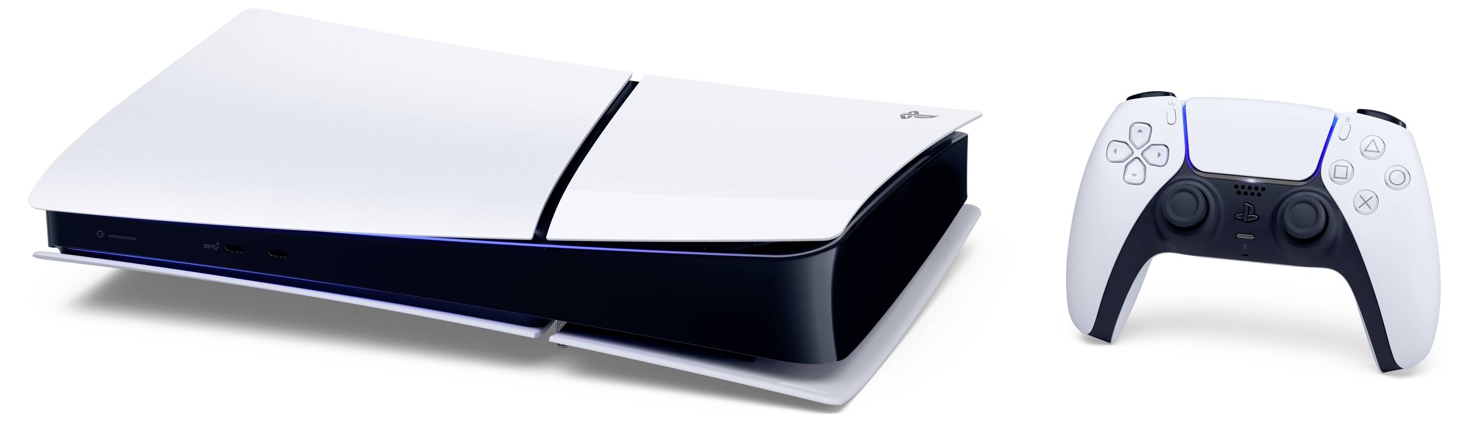 Eine weiße Spielkonsole mit elegantem Design neben einem passenden drahtlosen Controller, beide mit schwarzen und blauen Akzenten.