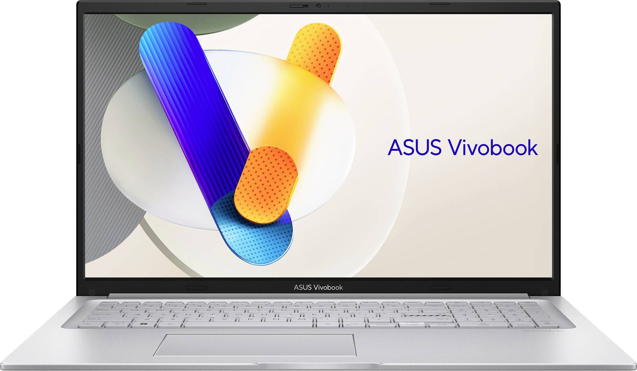 Ein ASUS Vivobook Laptop, der farbenfrohe abstrakte Formen auf seinem Bildschirm zeigt, mit dem Text 'ASUS Vivobook'.