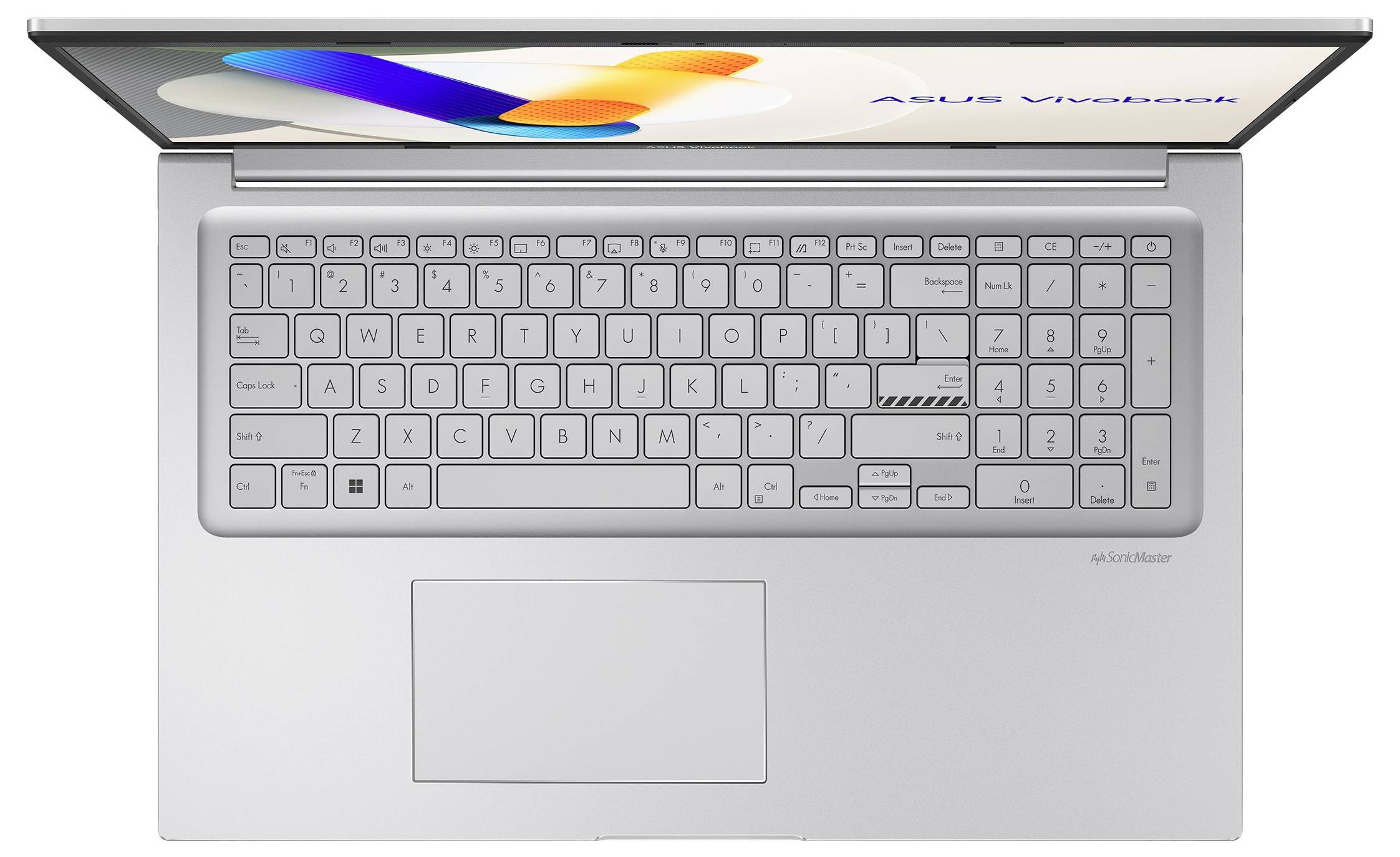 Silberne Laptop-Tastatur und Touchpad aus der Draufsicht, mit der Anzeige 