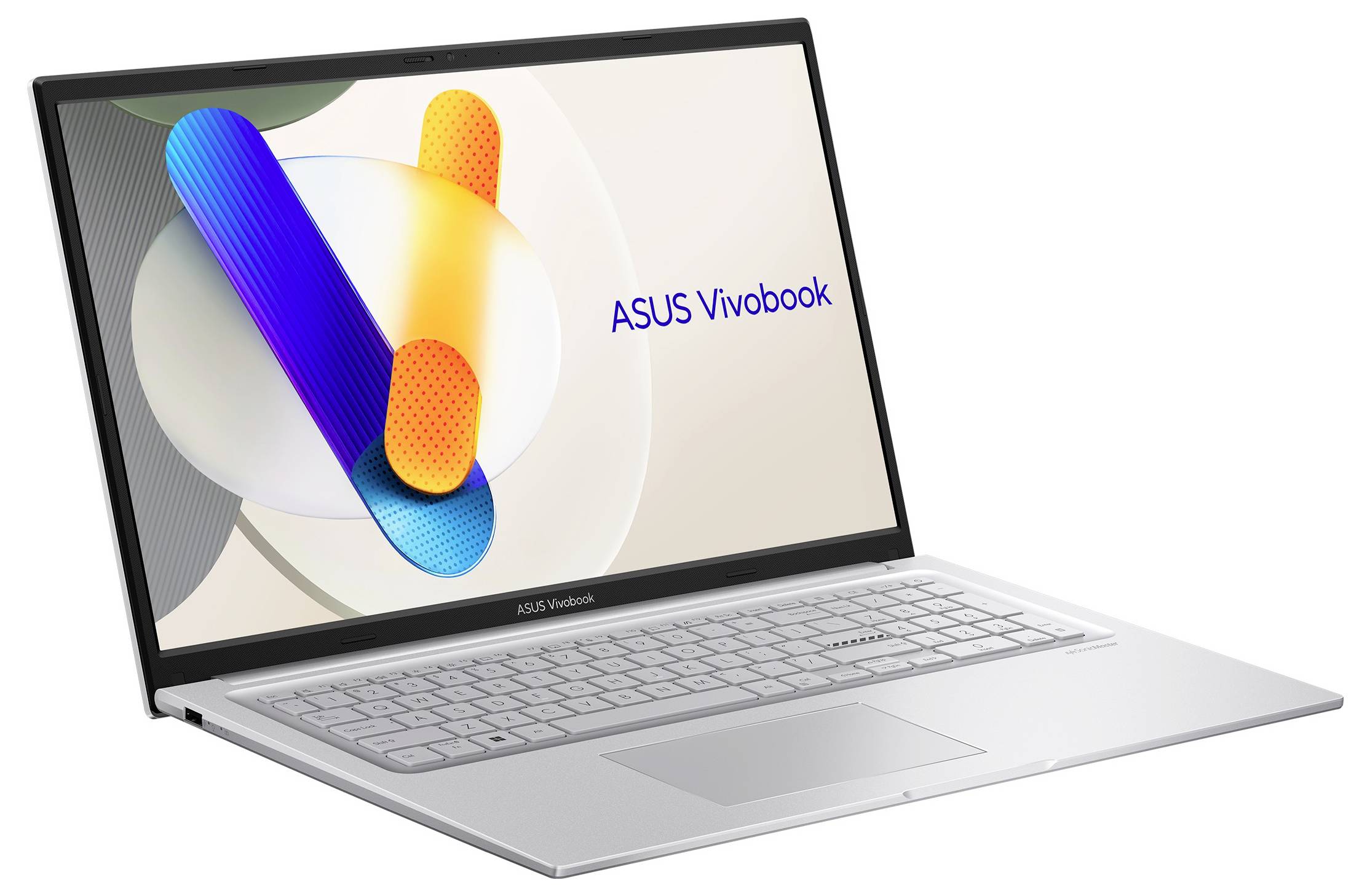 Ein silberner ASUS Vivobook Laptop mit einer bunten abstrakten Grafik auf dem Bildschirm, leicht gewinkelt, um die Tastatur und den geöffneten Bildschirm zu zeigen.