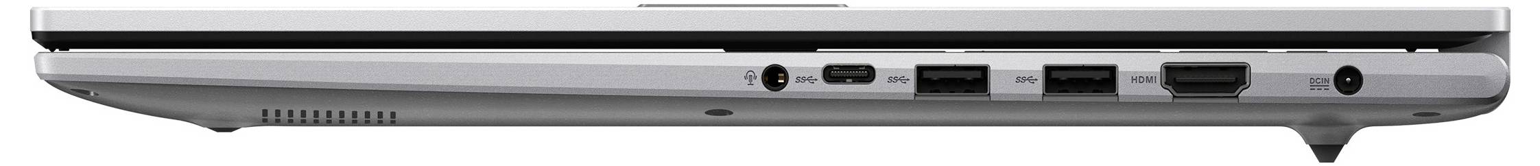 Ein silberner Laptop, von der Seite gesehen, der mehrere Anschlüsse einschließlich USB, HDMI und Audioeingang an seiner Kante zeigt.