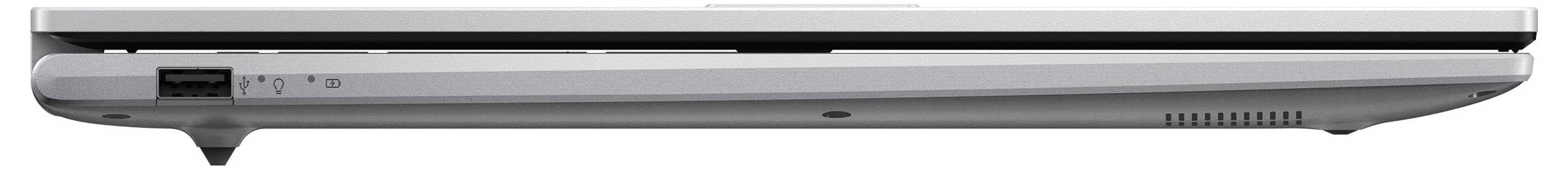 Ein geschlossener silberner Laptop, von hinten betrachtet, mit Anschlüssen und Lüftungsschlitzen.