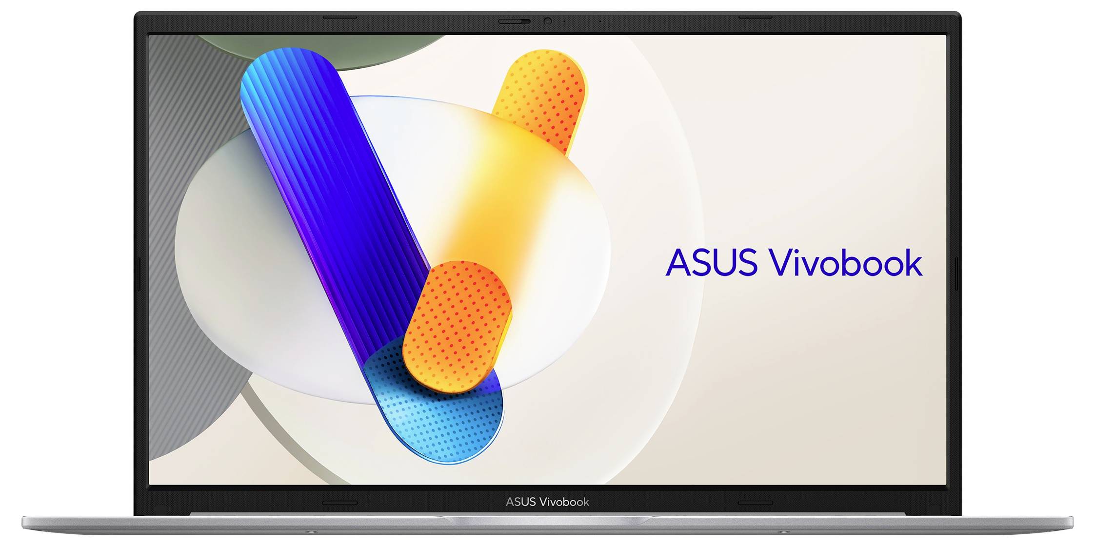 'ASUS Vivobook' Text auf einem Laptop-Bildschirm, der abstrakte farbenfrohe Formen auf einem überwiegend weißen und grauen Hintergrund zeigt.