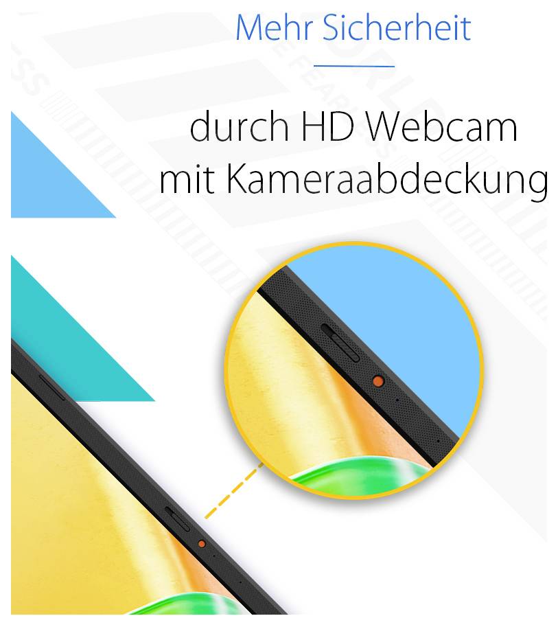 'Mehr Sicherheit durch HD-Webcam mit Kameraabdeckung.' Nahaufnahme einer Laptop-Webcam mit Abdeckung, die erhöhte Sicherheit betont.