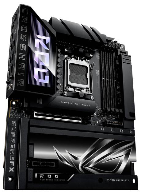 Eine High-Performance-Gaming-Motherboard mit mehreren Slots und stilisierter Markenidentität, die die Logos von 'Republic of Gamers' und 'ROG' präsentiert.