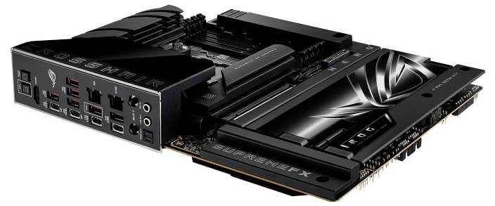 Eine schwarze Computermotherboard mit mehreren Steckplätzen und Anschlüssen, entwickelt für fortschrittliches Gaming, mit sichtbaren Beschriftungen 'CROSSHAIR' und 'REPUBLIC'.