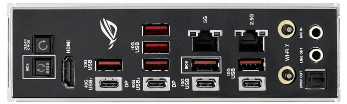 Eine Computermoderplatine Rückseite I/O-Panel mit USB-Anschlüssen, HDMI, DisplayPort, Ethernet, WLAN-Antennenanschlüssen und Audioports, gekennzeichnet mit Symbolen.