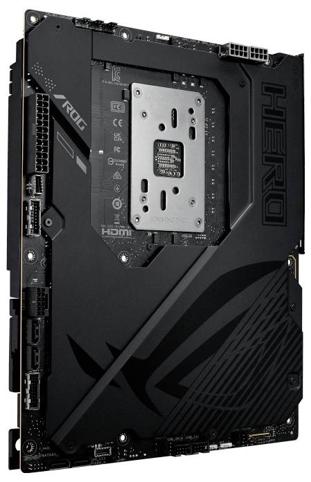 Eine leicht geneigte Hauptplatine, die Anschlüsse und Steckplätze zeigt. Das Design enthält das Wort 'HERO' und das Logo 'ROG', was auf einen Gaming-Schwerpunkt hindeutet.