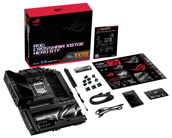 Bild zeigt das ASUS ROG Crosshair X670E Hero Mainboard mit Verpackung und verschiedenen Komponenten, einschließlich Kabel und Installationsanleitung.