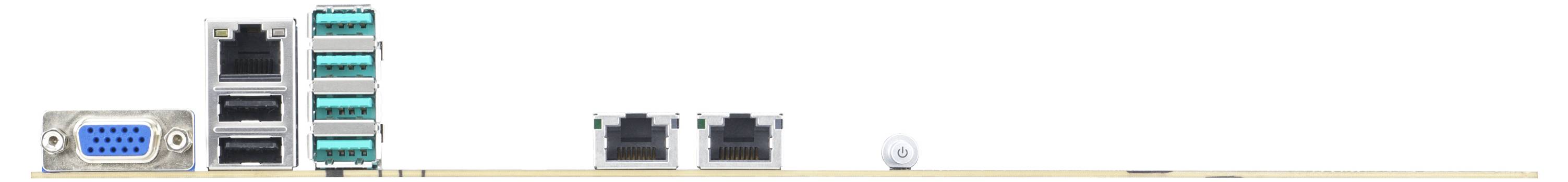 Rückseite einer Computerplatine mit mehreren USB-Anschlüssen, Audioports, zwei Ethernet-Ports und einem VGA-Anschluss für Konnektivität.