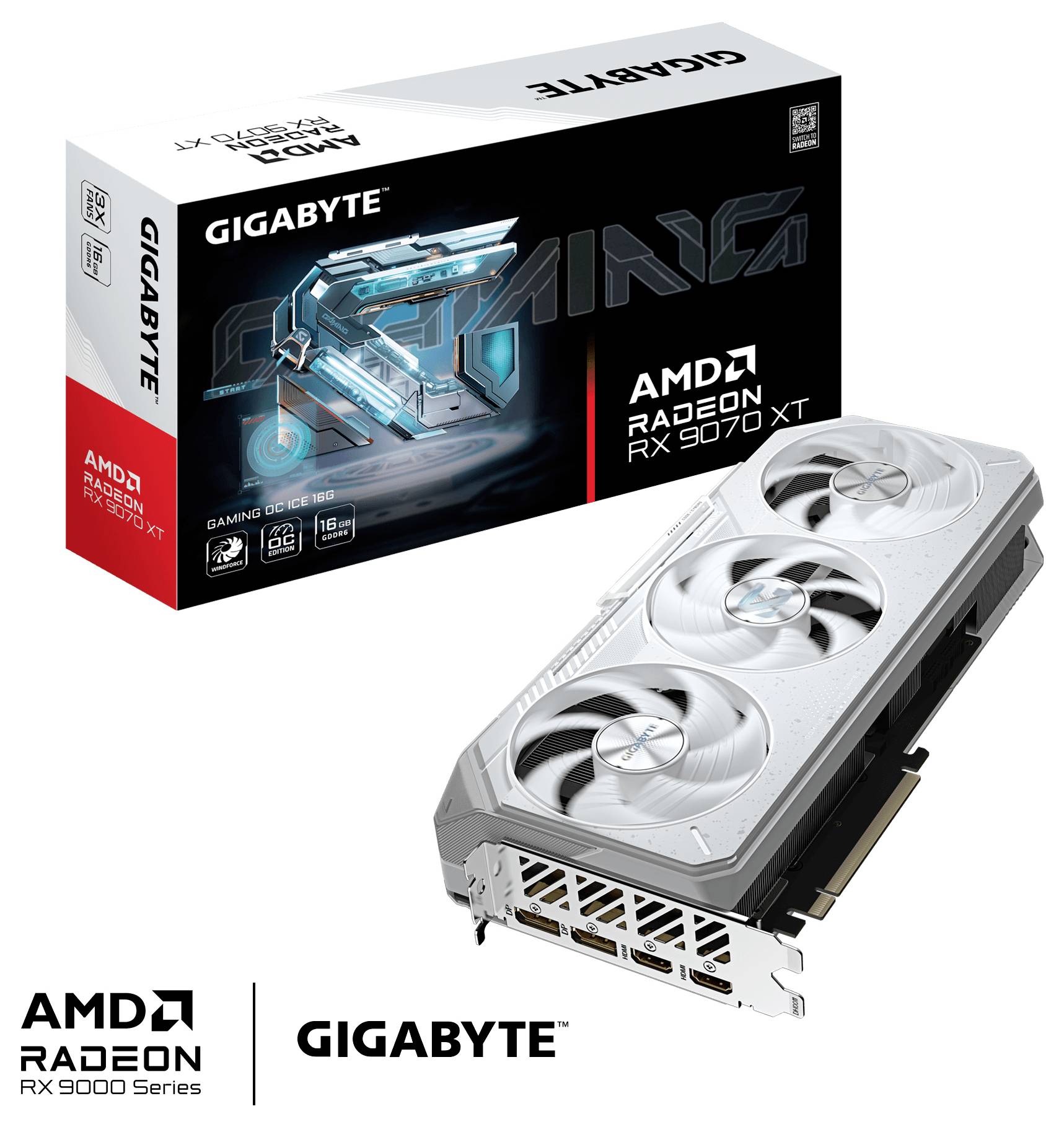 'GIGABYTE AMD Radeon RX 9070 XT' Grafikkarte mit dreifachem Kühlsystem, zusammen mit ihrer markeneigenen Verpackung mit Produktabbildung präsentiert.